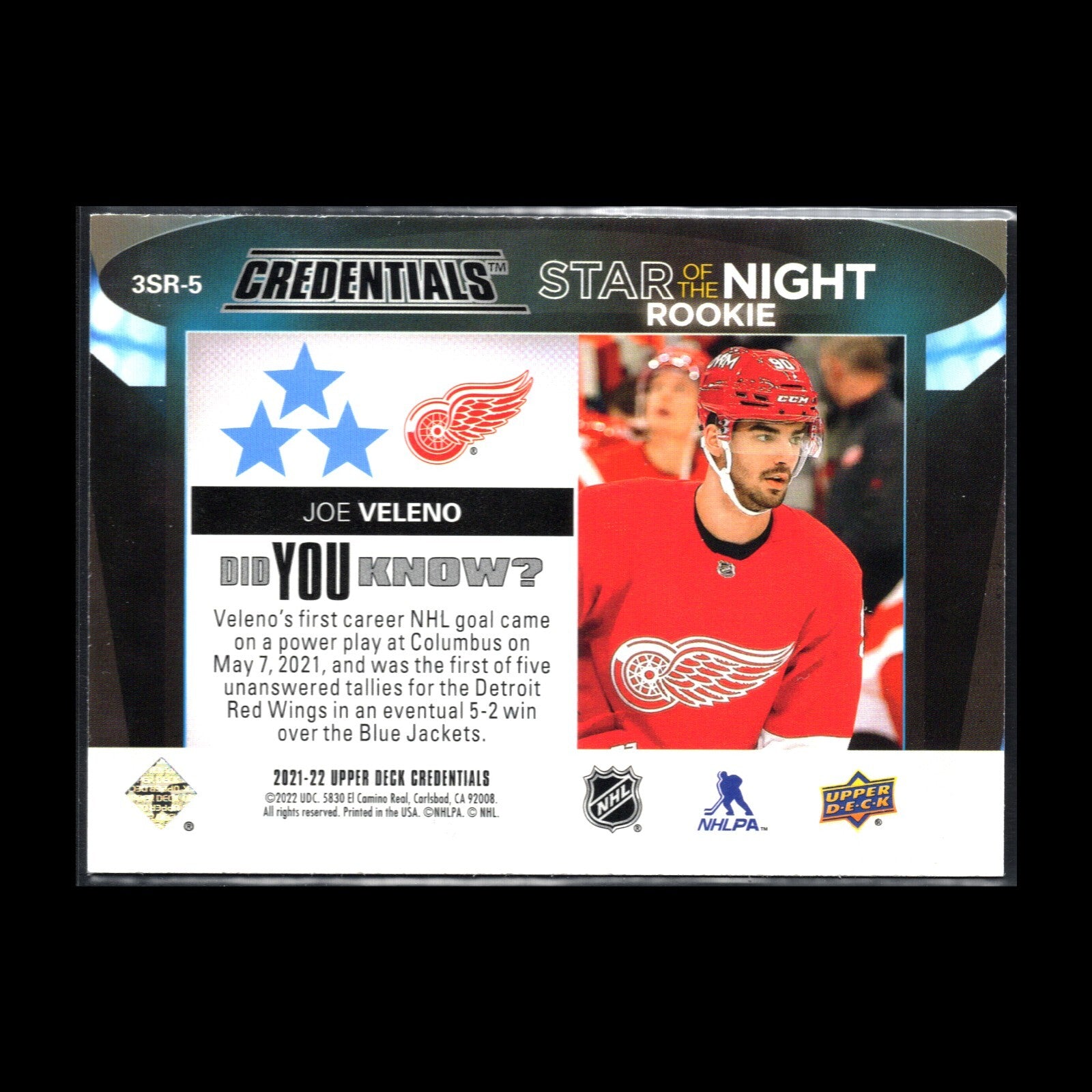 2021-22 UD Credentials JOE VELENO #3SR-5 Third Star of the Night Rookie RC