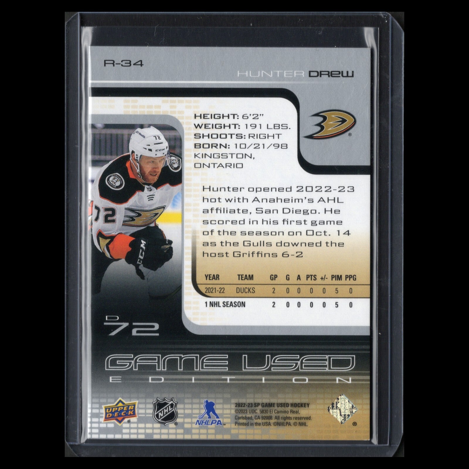 2022-23 UD SP Game Used HUNTER DREW #R-34 Retro 58/999 - Anaheim Ducks