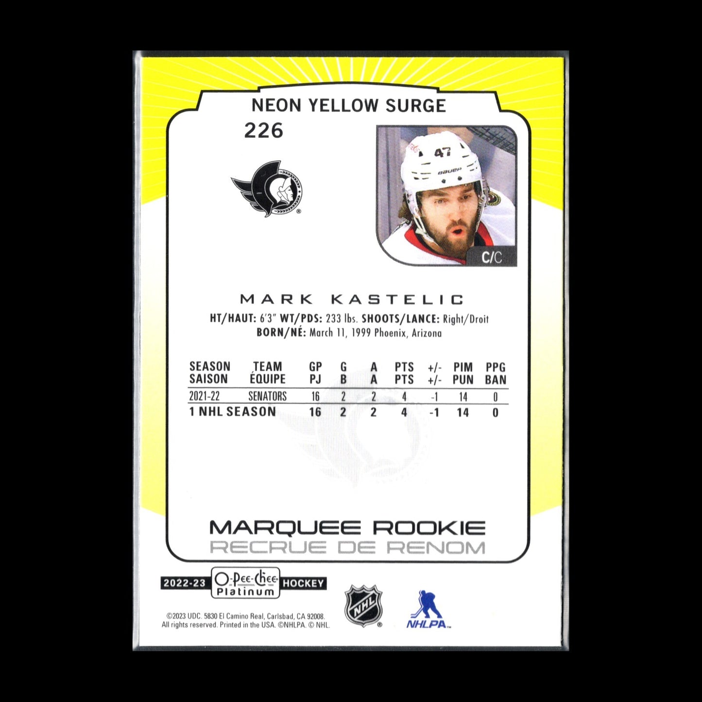 2022-23 O-Pee-Chee Platinum MARK KASTELIC #226 Neon Yellow Surge RC