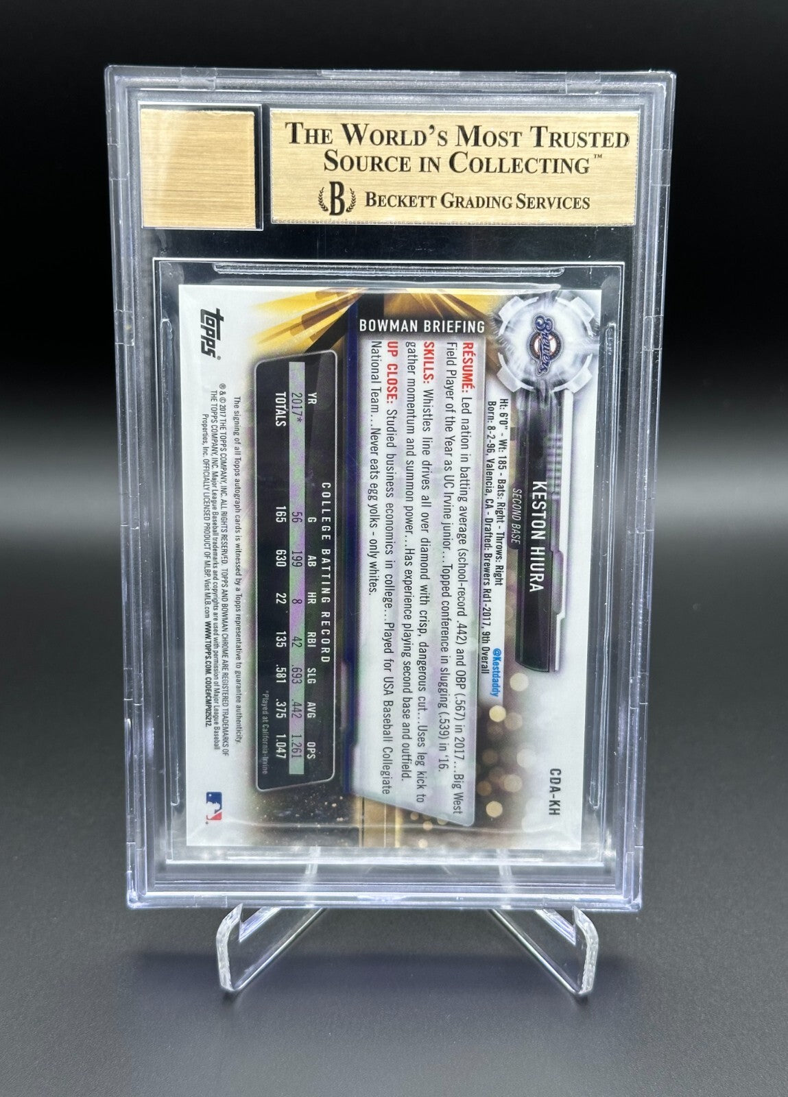 2017 Topps Bowman Chrome KESTON HIURA #CDA-KH Auto Beckett 9.5 Milwaukee Brewers