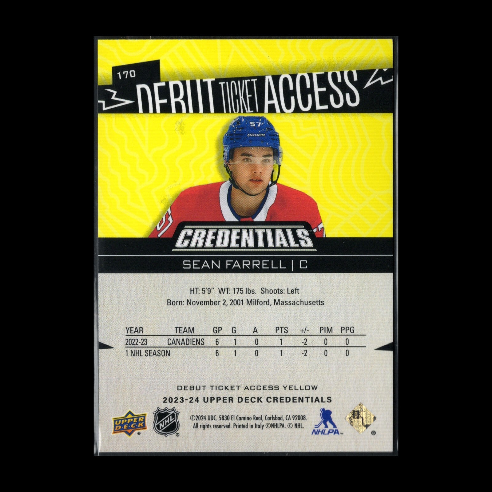 2023-24 UD Credentials SEAN FARRELL #170 Debut Ticket Access Yellow RC