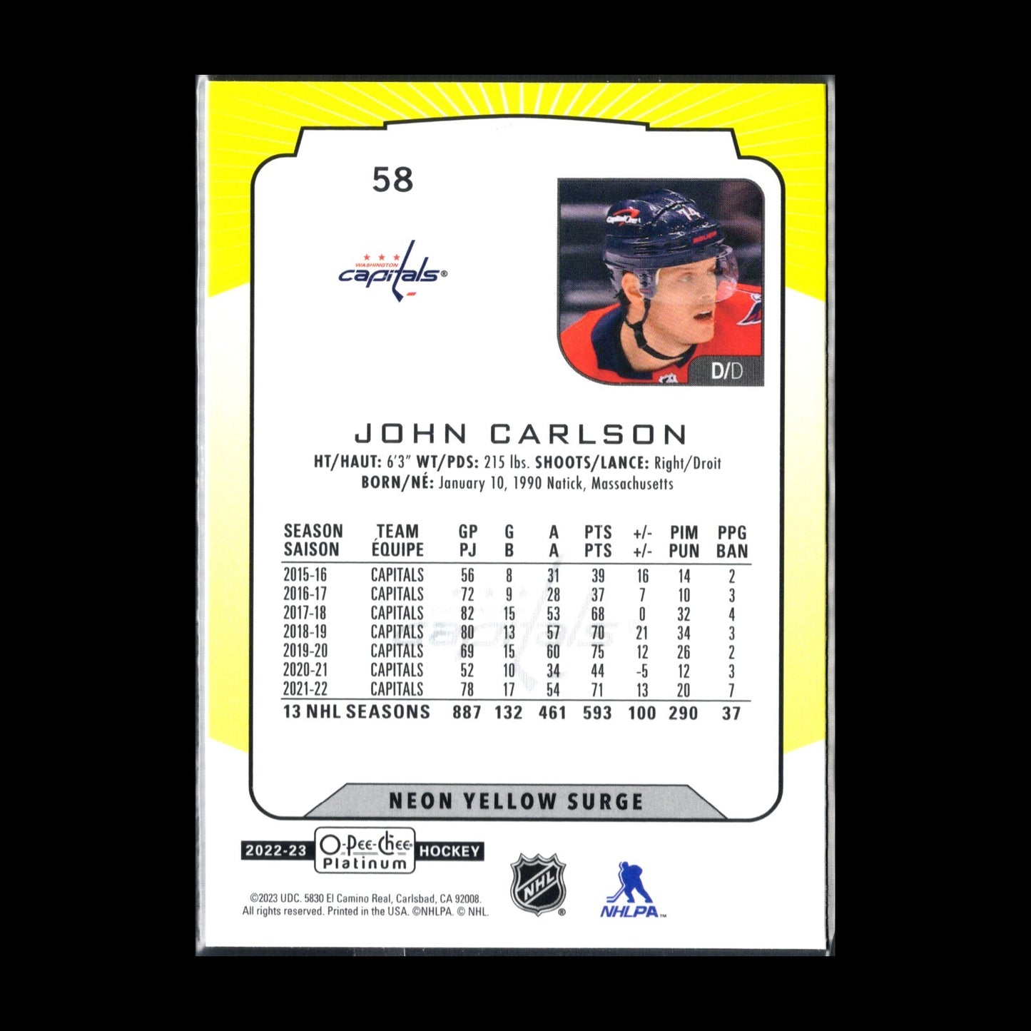2022-23 O-Pee-Chee Platinum JOHN CARLSON #58 Neon Yellow Surge