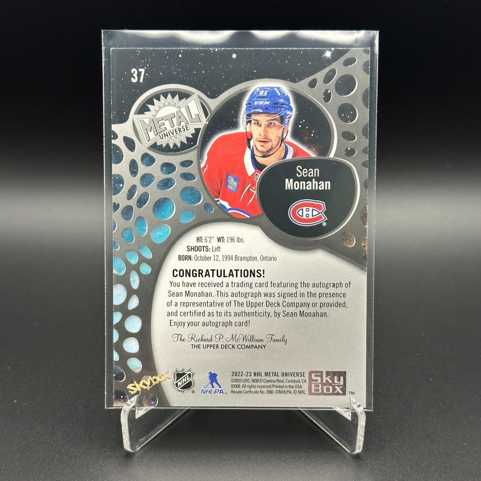 2022-23 SkyBox Metal Universe SEAN MONAHAN #37 Silver FX Autograph