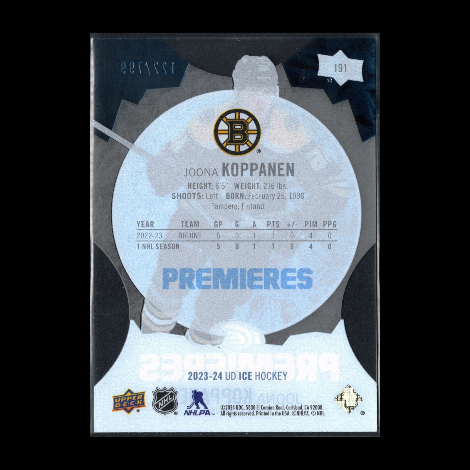 2023-24 UD Ice JOONA KOPPANEN #191 Ice Premieres Blue Parallel 122/799 Rookie RC