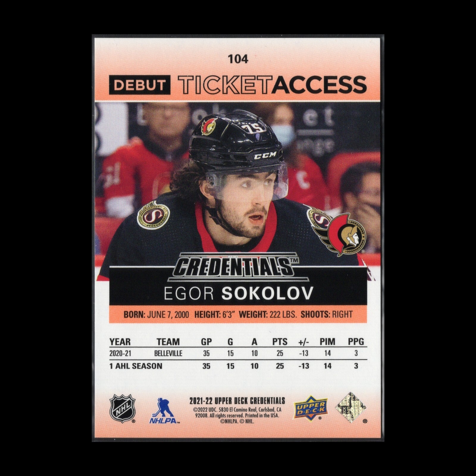 2021-22 UD Credentials EGOR SOKOLOV #104 Debut Ticket Access Orange RC /149