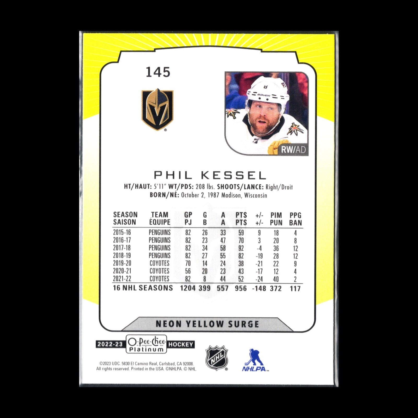 2022-23 O-Pee-Chee Platinum PHIL KESSEL #145 Neon Yellow Surge