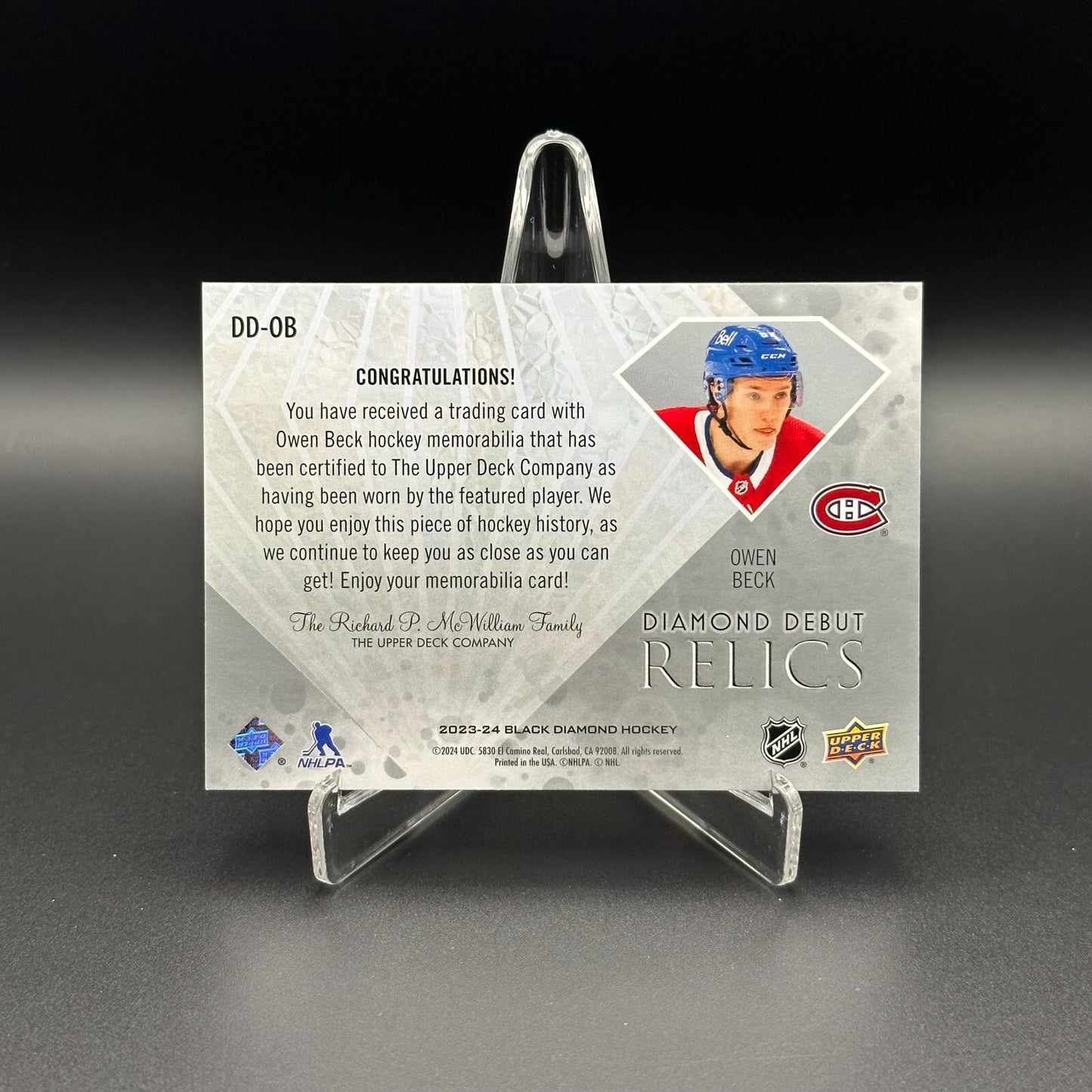 2023-24 UD Black Diamond OWEN BECK #DD-OB Diamond Debut Relics RC