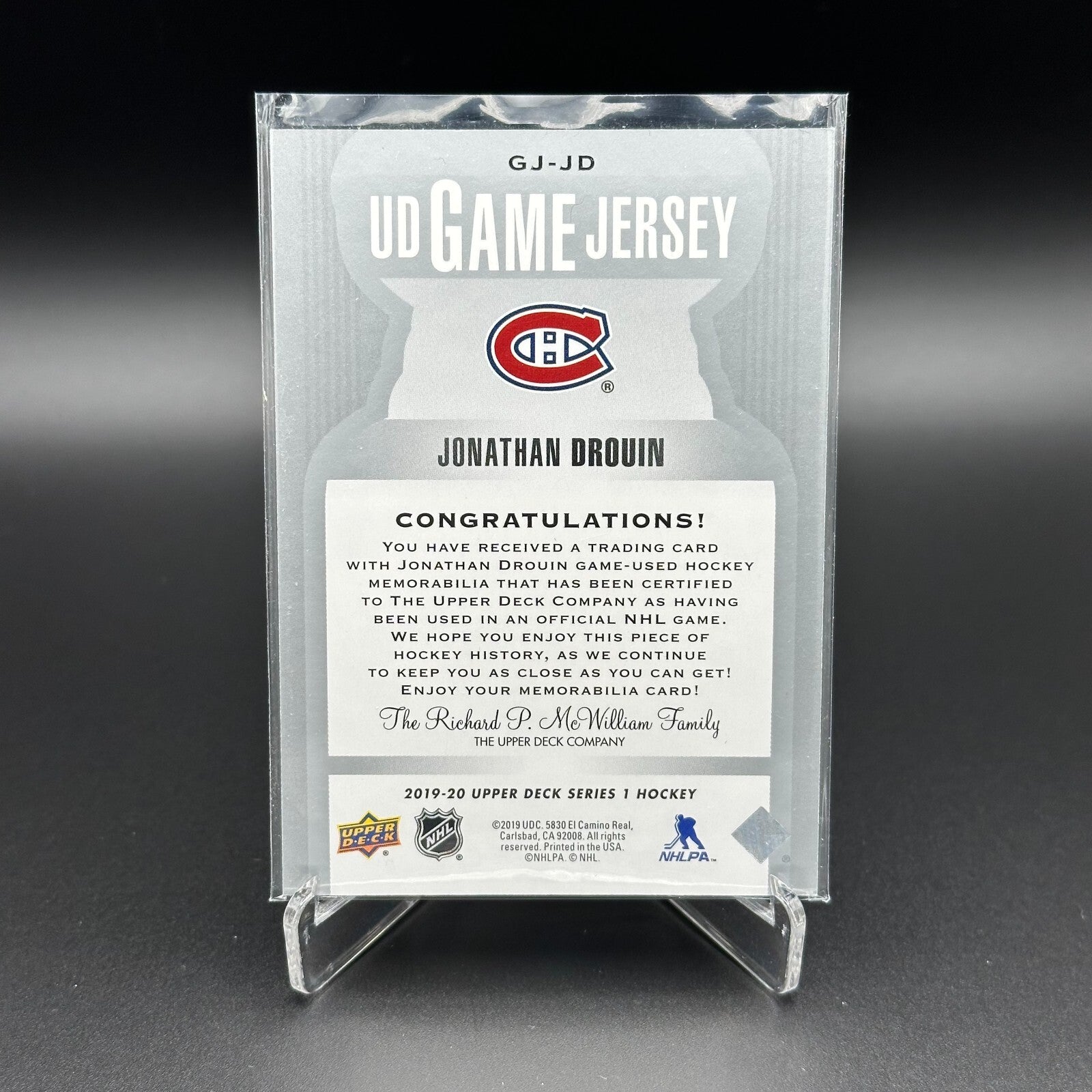 2019-20 UD Series 1 JONATHAN DROUIN #GJ-JD UD Game Jersey - MTL Canadiens