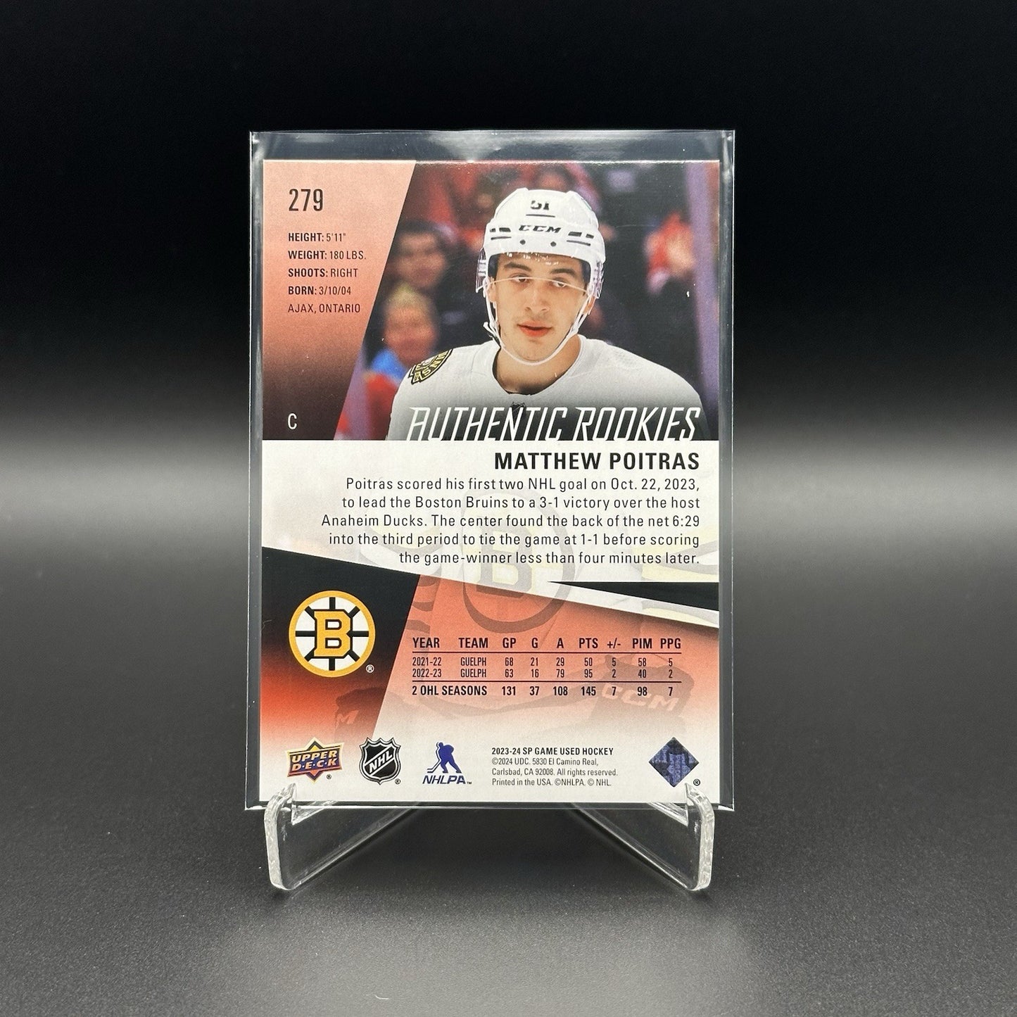 2023-24 UD SP Game Used MATTHEW POITRAS #279 Authentic Rookies Red /219
