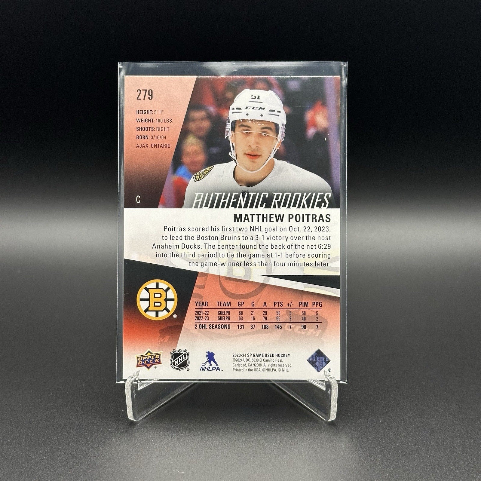 2023-24 UD SP Game Used MATTHEW POITRAS #279 Authentic Rookies Red /219