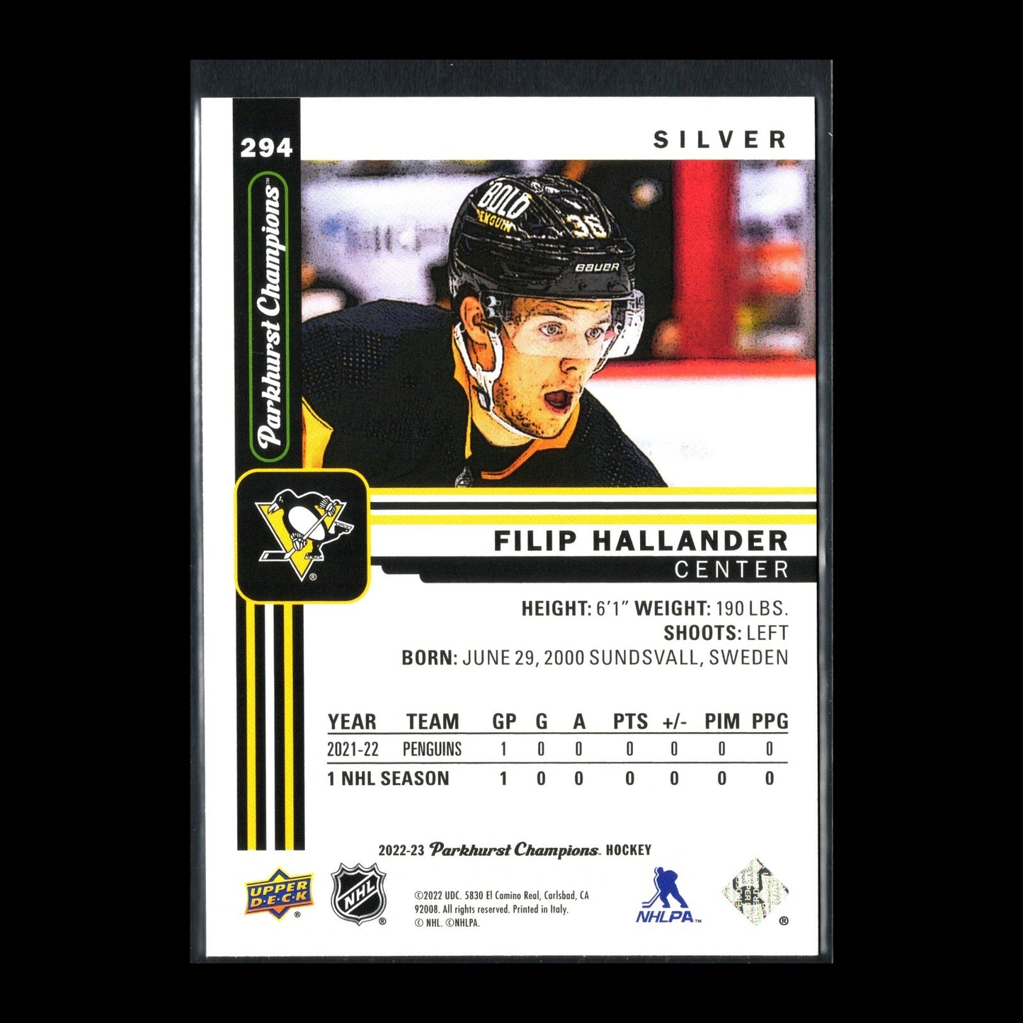 2022-23 UD Parkhurst Champions FILIP HALLANDER #294 Silver Rookie