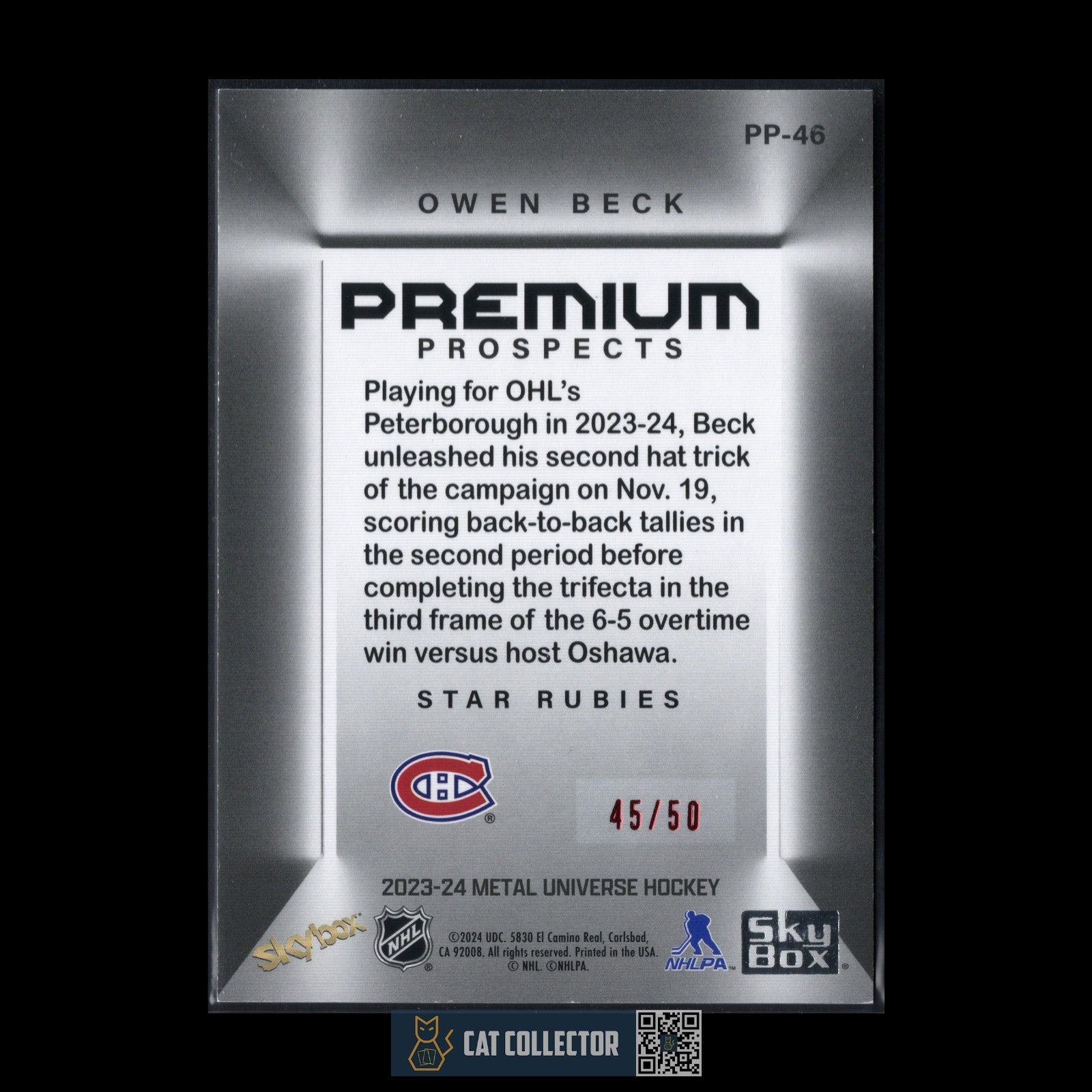 2023-24 SkyBox OWEN BECK #PP-46 Premium Prospects Star Rubies 45/50 Rookie RC