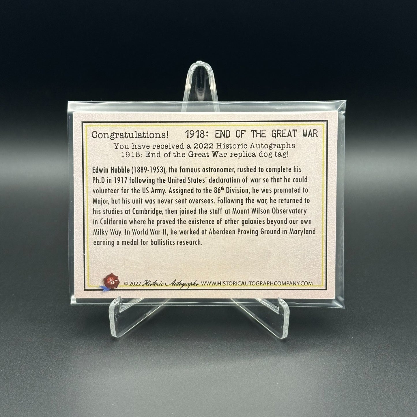 2022 HA 1918: End of the Great War EDWIN HUBBLE # Replica dog tag Limited to 49