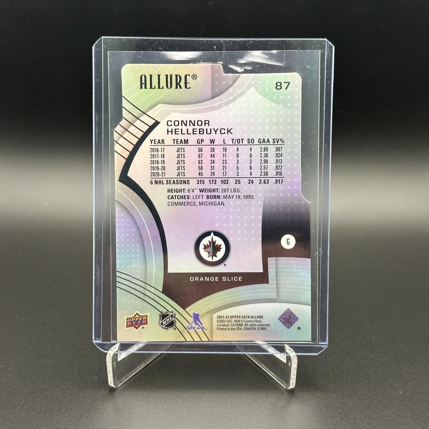 2021-22 UD Allure CONNOR HELLEBUYCK #87 Orange Slice Die-Cut - Winnipeg Jets
