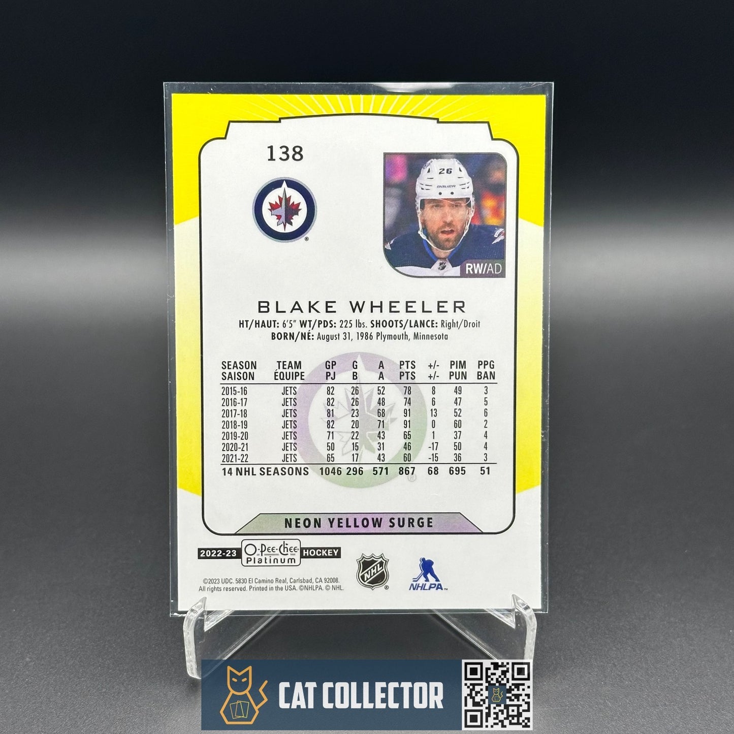 2022-23 O-Pee-Chee Platinum BLAKE WHEELER #138 Neon Yellow Surge