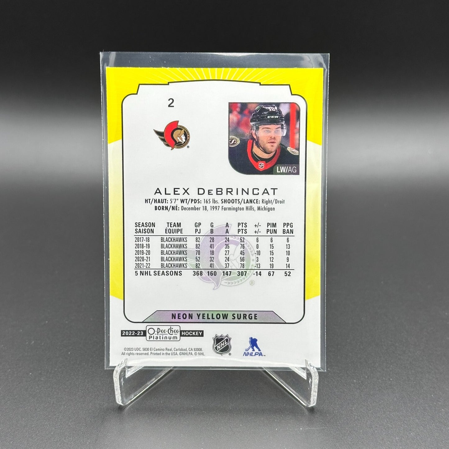 2022-23 O-Pee-Chee Platinum ALEX DEBRINCAT #2 Neon Yellow Surge Ottawa Senators