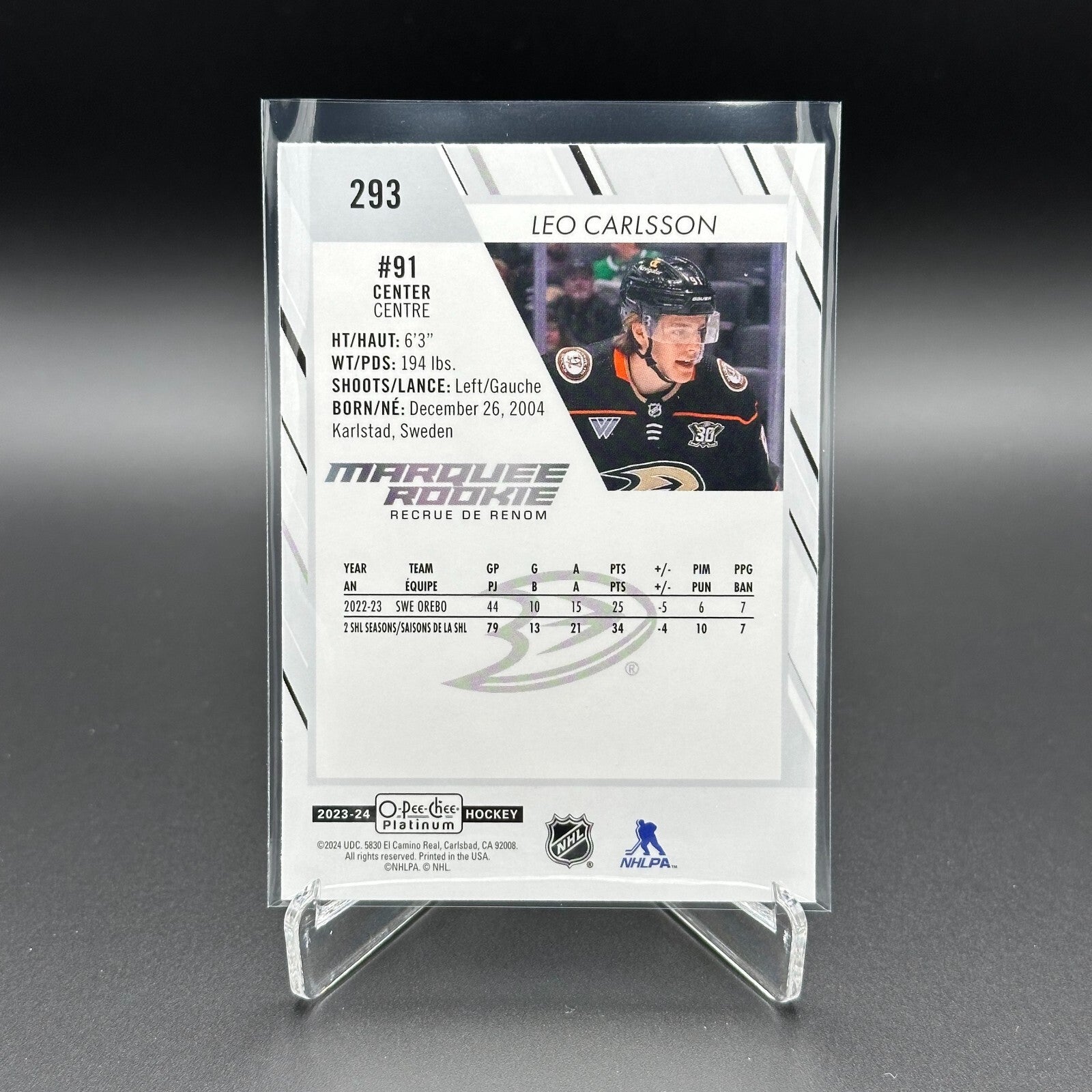 2023-24 O-Pee-Chee Platinum LEO CARLSSON #293 Marquee rookie RC - Anaheim Ducks