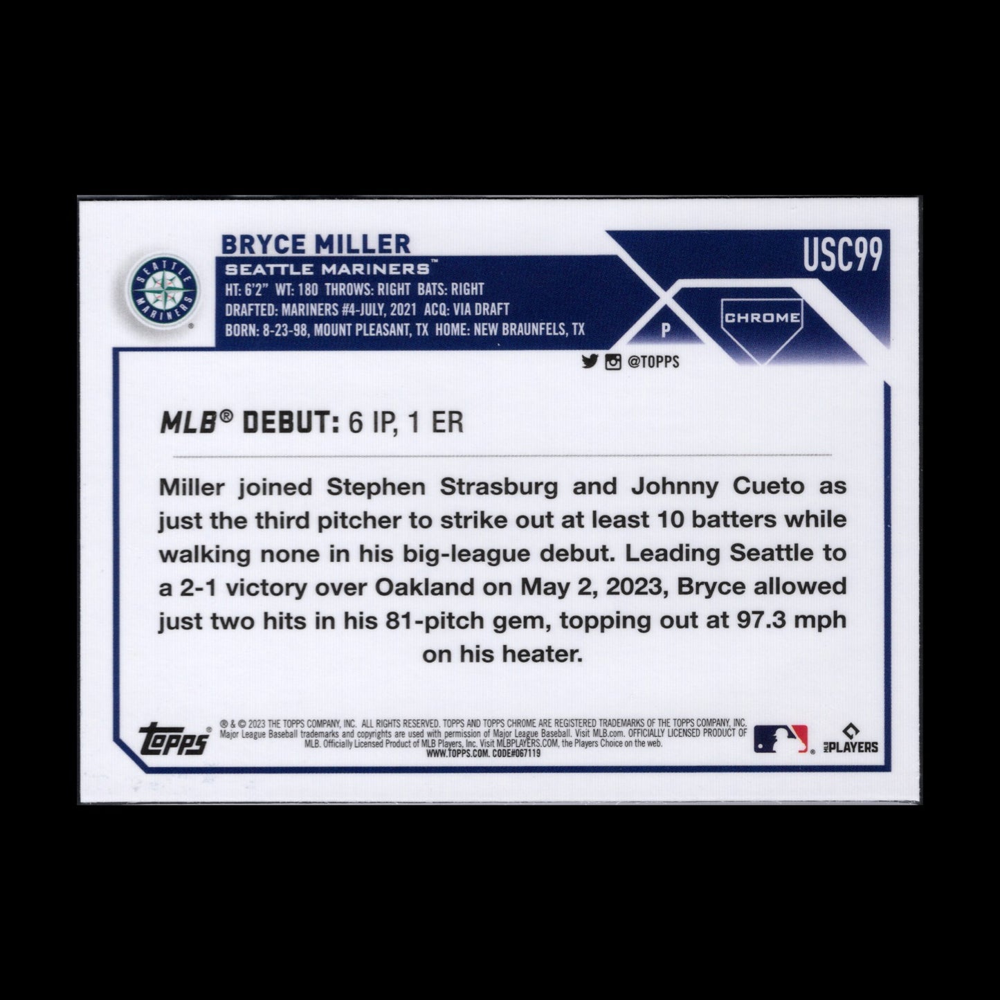 2023 Topps Chrome Updated Series BRYCE MILLER #USC99 Rookie debut RC