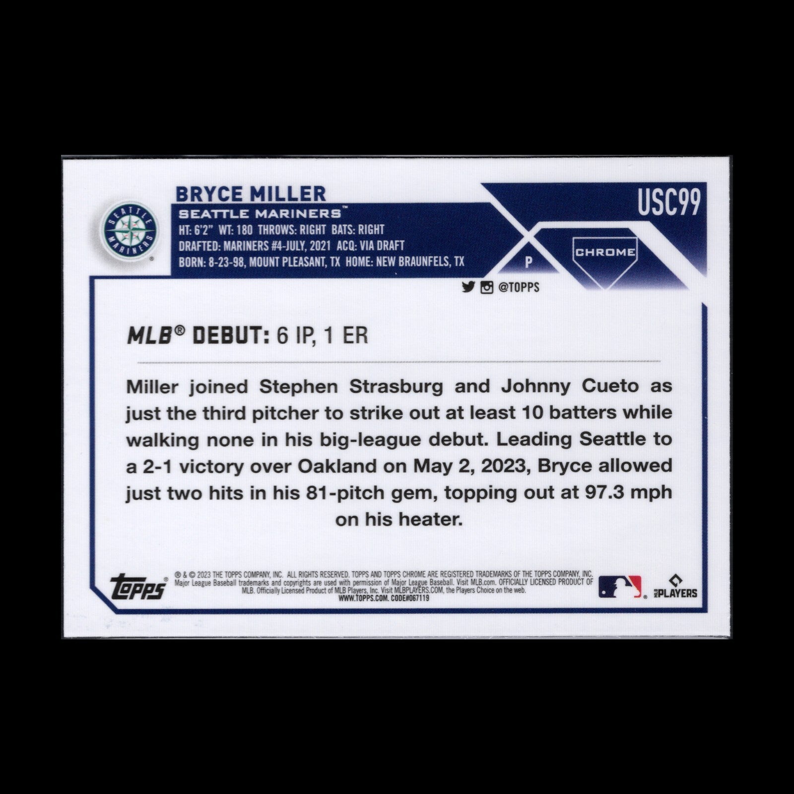 2023 Topps Chrome Updated Series BRYCE MILLER #USC99 Rookie debut RC