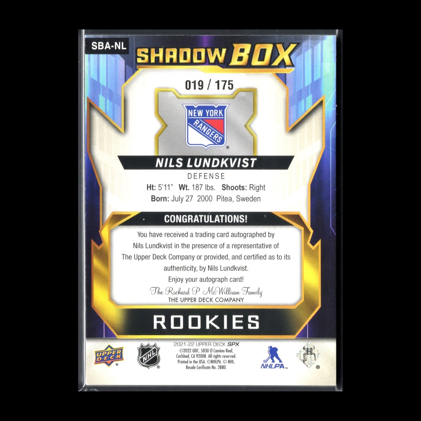 2021-22 UD SPx NILS LUNDKVIST #SBA-NL Shadow Box Rookies 19/175 Auto NY Rangers