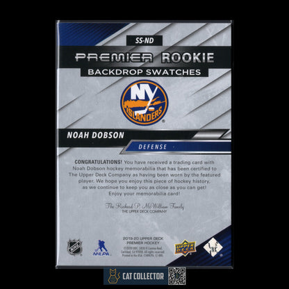 2019-20 UD Premier NOAH DOBSON #SS-ND Rookie Backdrop Swatches RC /99 Jersey