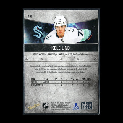 2021-22 SkyBox Metal Universe KOLE LIND #193 Rookie RC - Seattle Kraken
