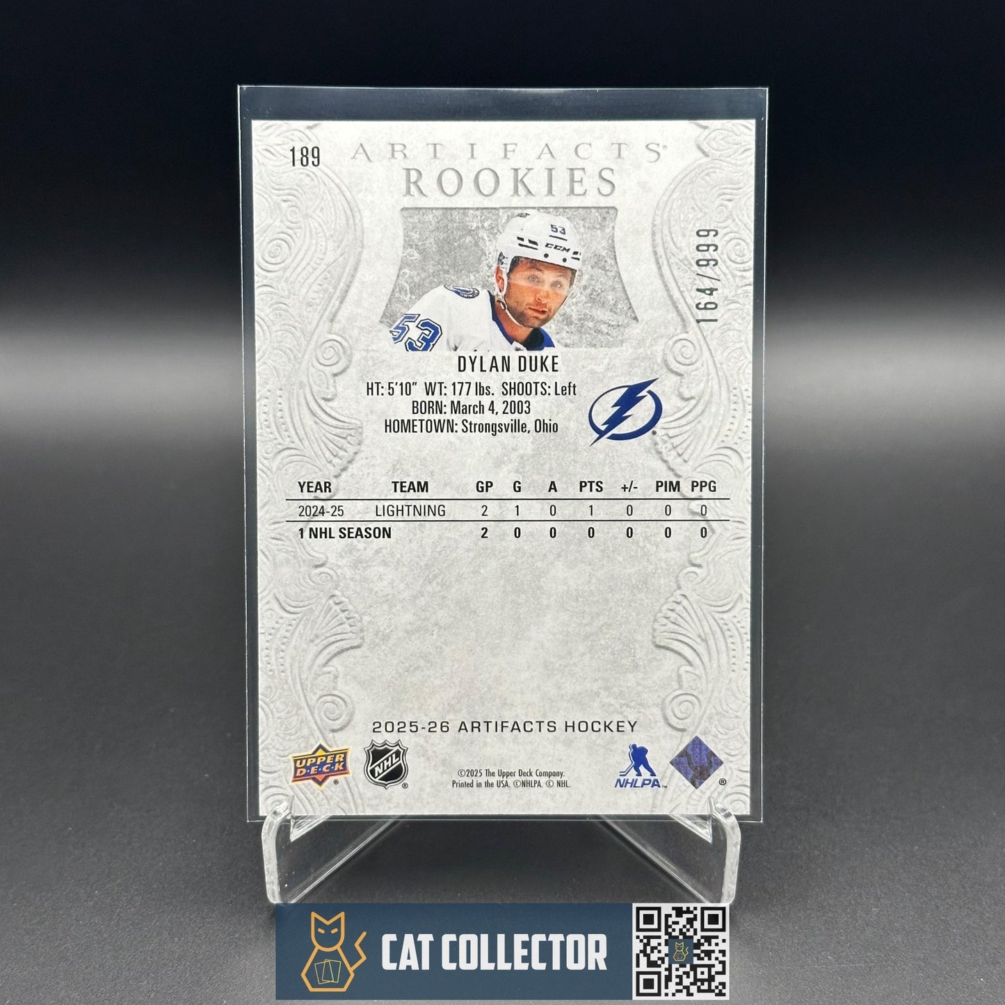 2025-26 UD Artifacts DYLAN DUKE #189 Rookie RC /999 - Tampa Bay Lightning