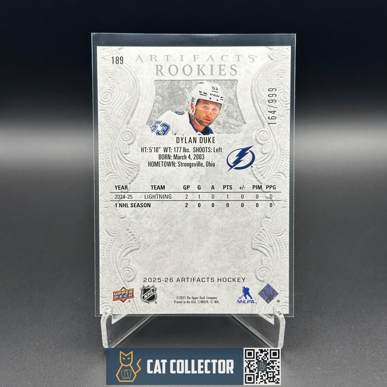 2025-26 UD Artifacts DYLAN DUKE #189 Rookie RC /999 - Tampa Bay Lightning