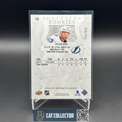 2025-26 UD Artifacts DYLAN DUKE #189 Rookie RC /999 - Tampa Bay Lightning