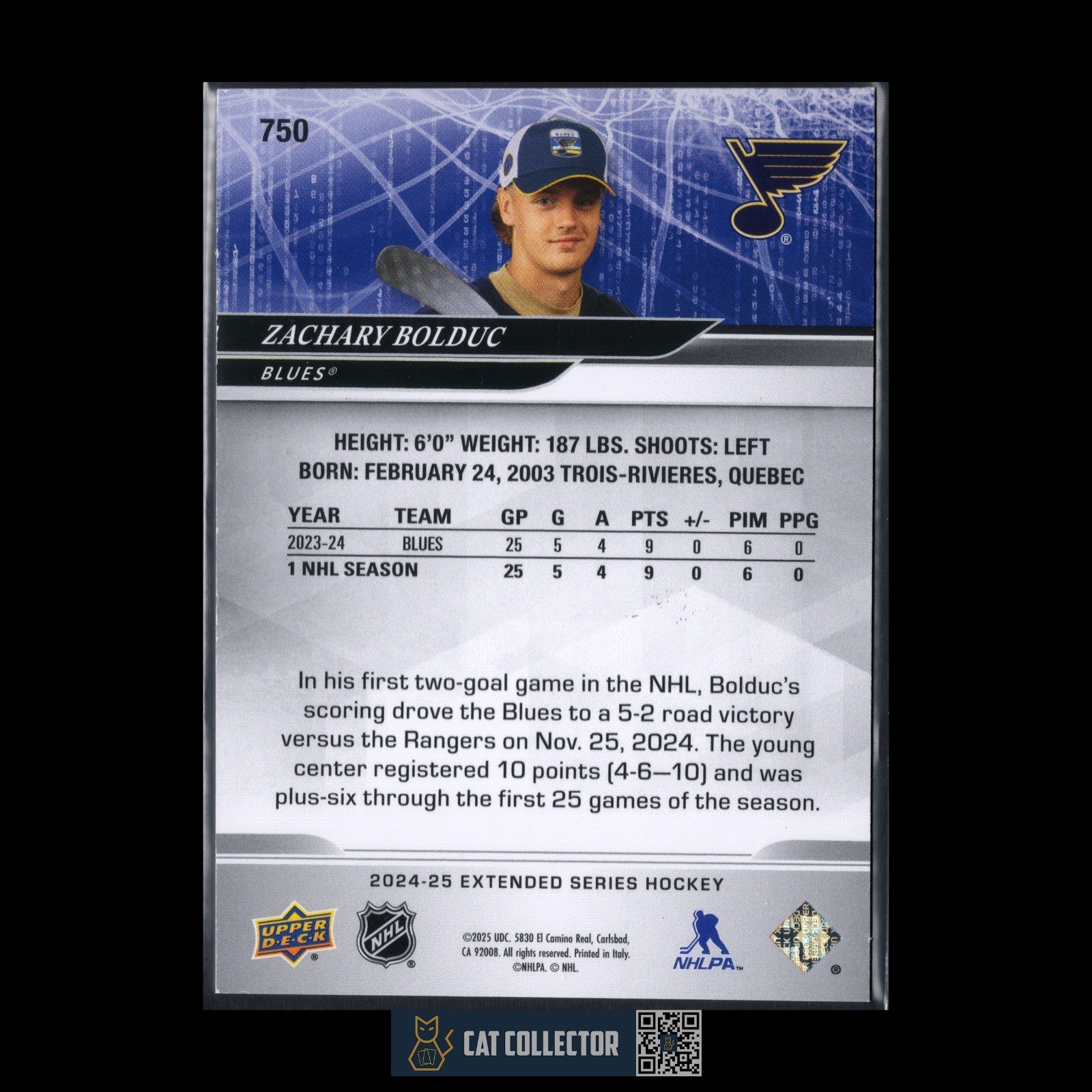 2024-25 UD Extended ZACHARY BOLDUC #750 1st Round Rookies UD Exclusives /100