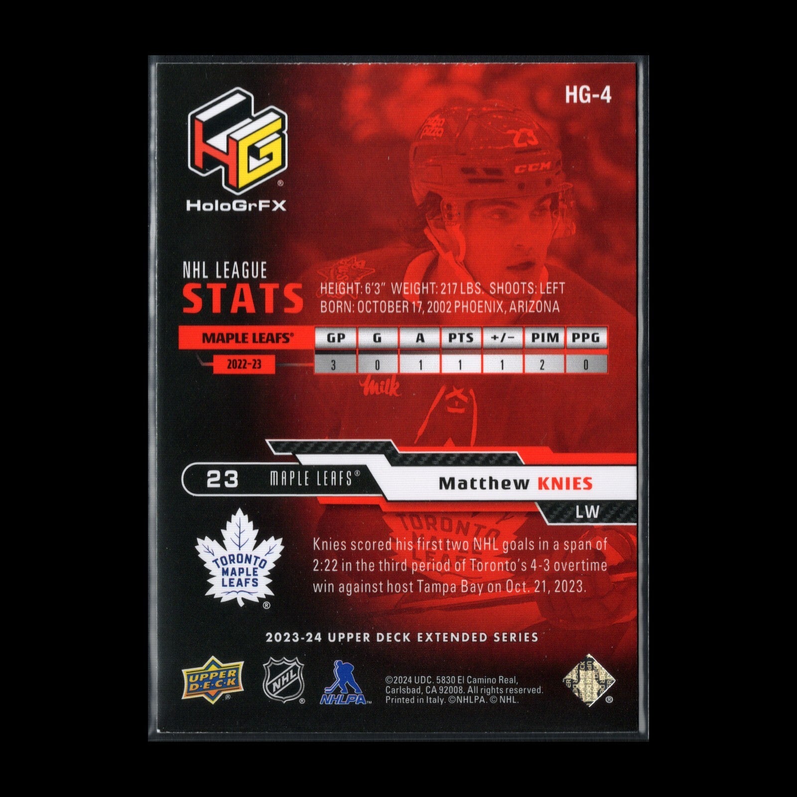 2023-24 UD Extended Series MATTHEW KNIES #HG-4 HoloGrFX Red Rookie RC