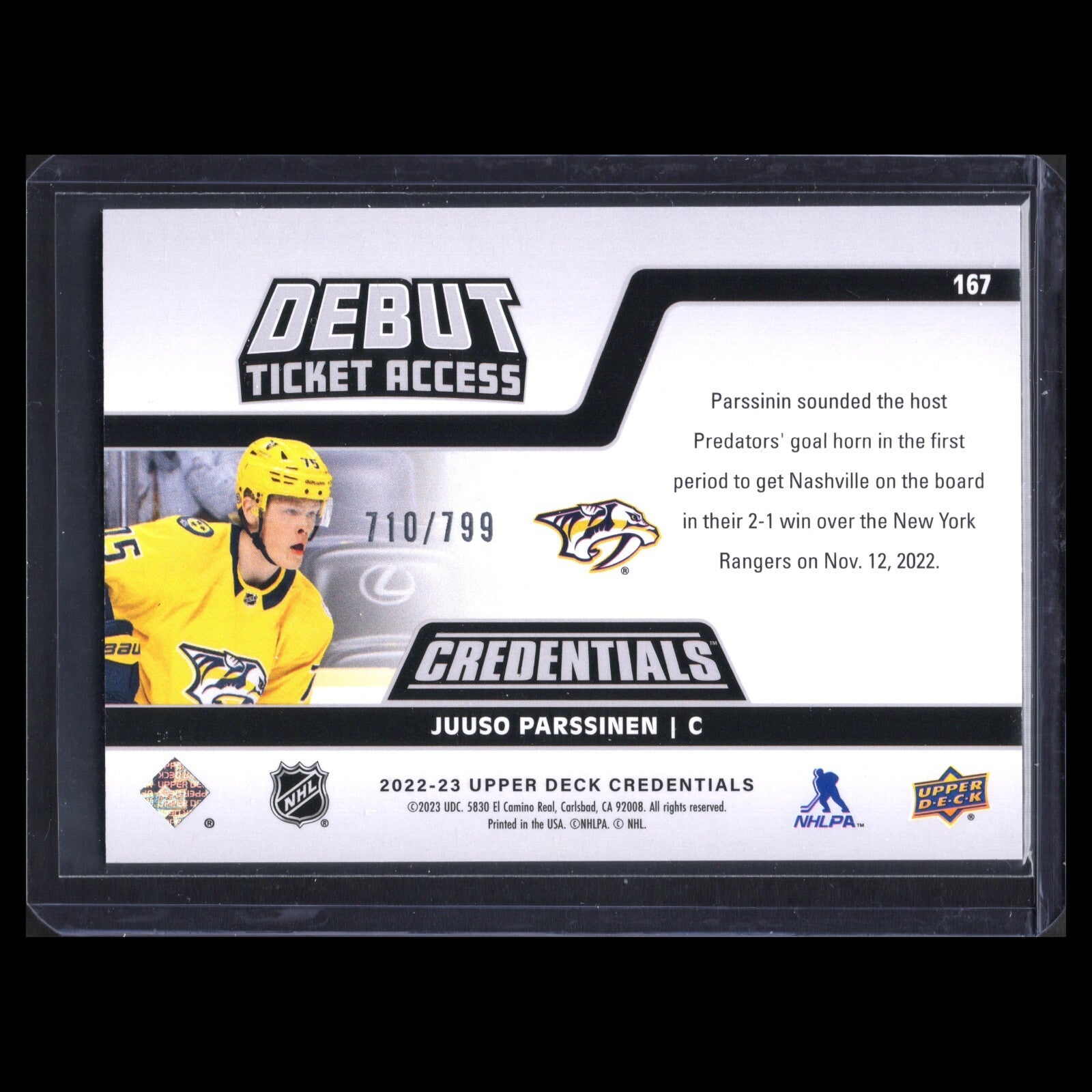 2022-23 UD Credentials JUUSO PARSSINEN #167 Debut Ticket Access RC 710/799
