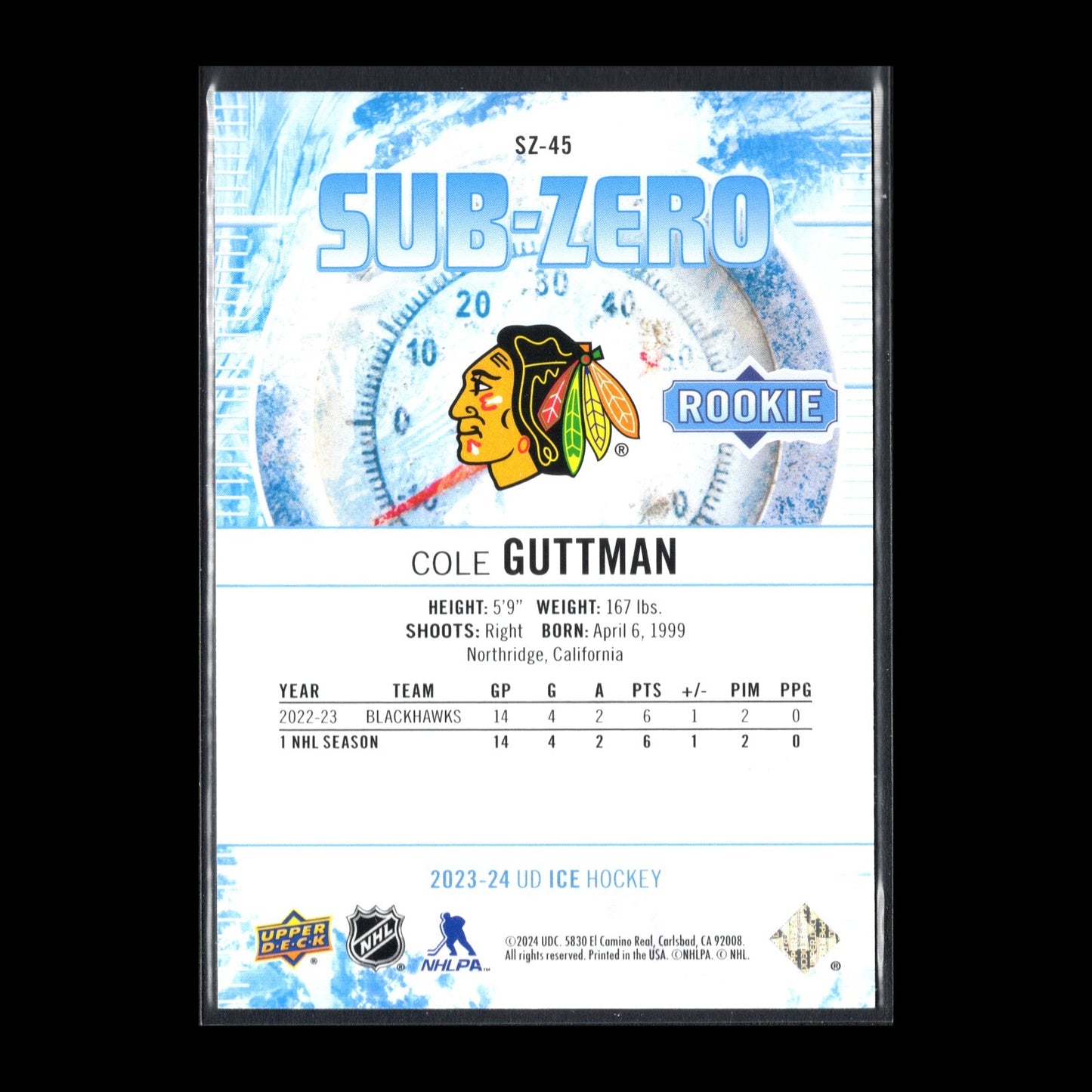 2023-24 UD Ice COLE GUTTMAN #SZ-45 Sub-Zero Rookie RC /799 - Chicago Blackhawks