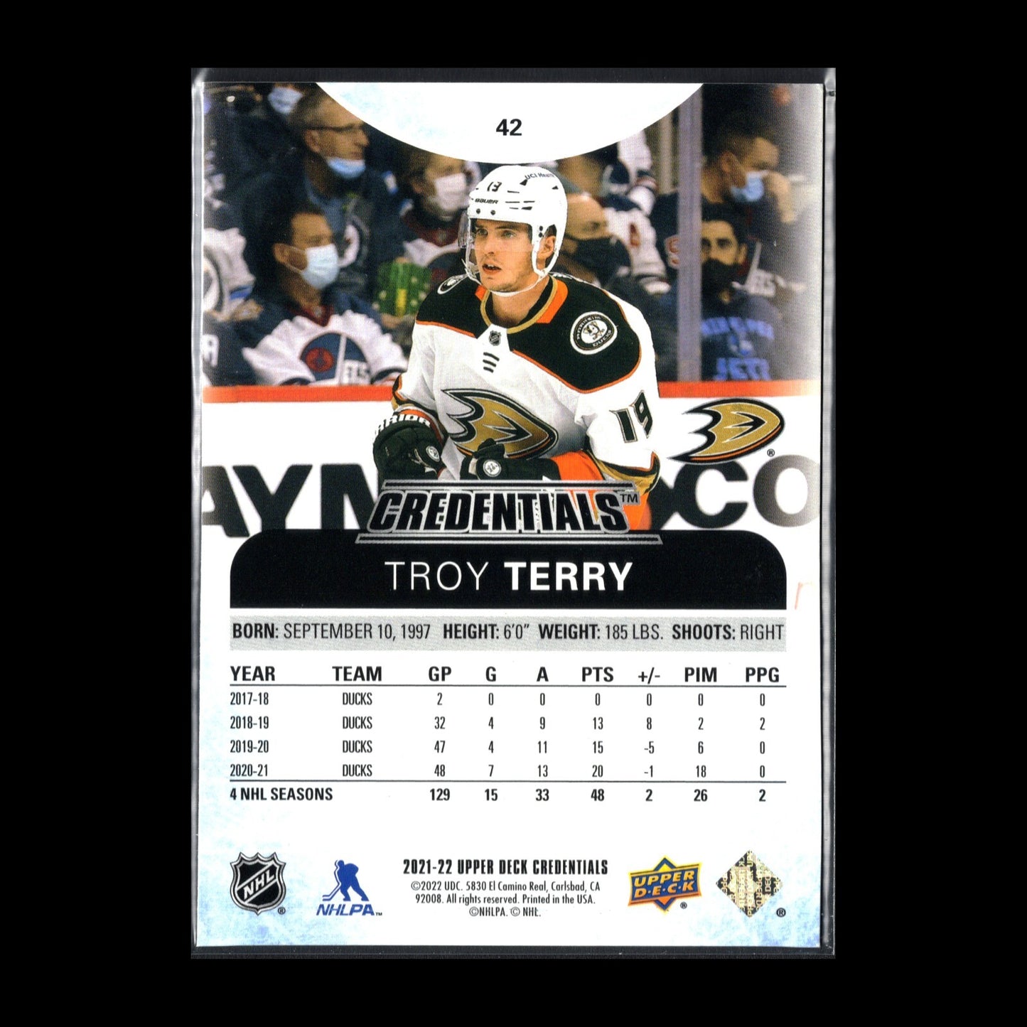2021-22 UD Credentials TROY TERRY #42 Yellow parallel /249 - Anaheim Ducks