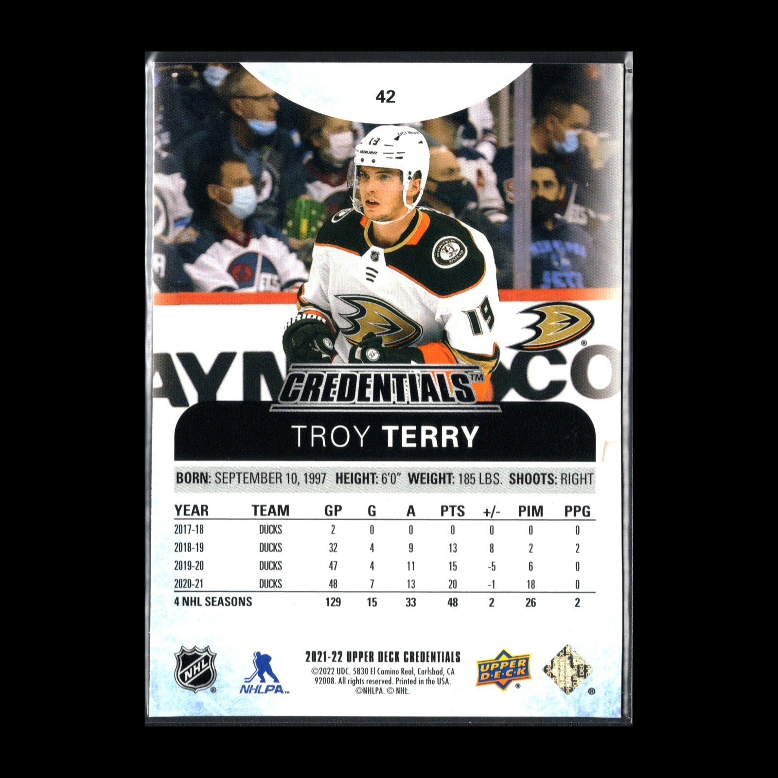 2021-22 UD Credentials TROY TERRY #42 Yellow parallel /249 - Anaheim Ducks