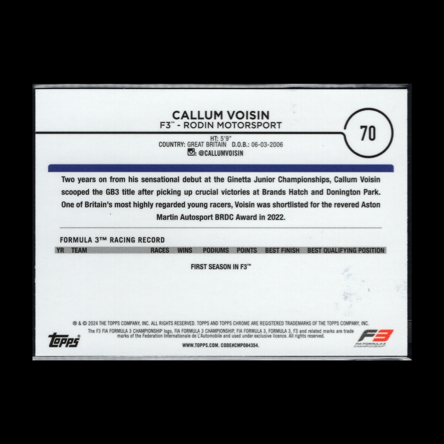 2024 Topps Formula 1 CALLUM VOISIN #70 F3 Future Stars Mini Diamond Refrac. /299