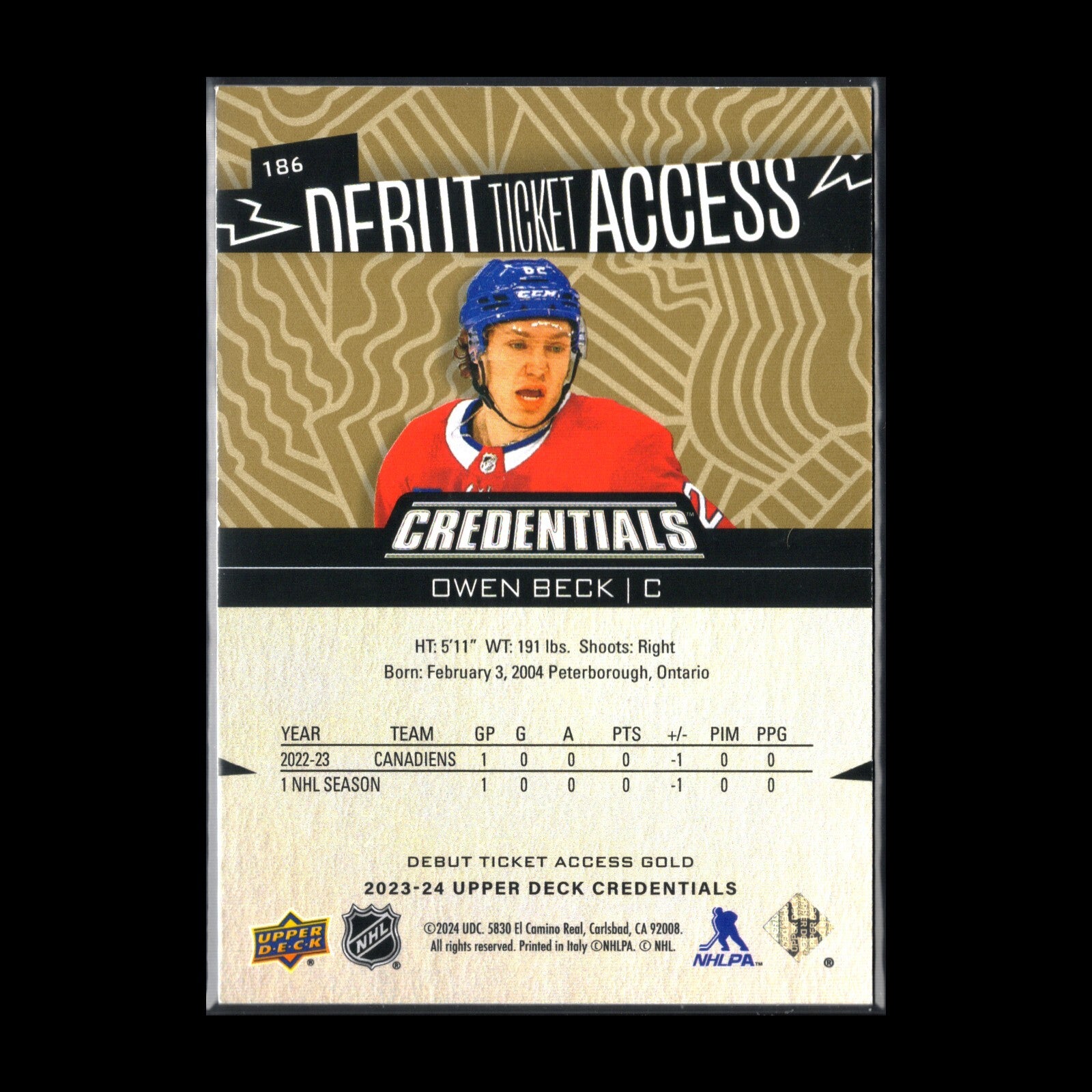 2023-24 UD Credentials OWEN BECK #186 Debut Ticket Access Gold 5/5 RC