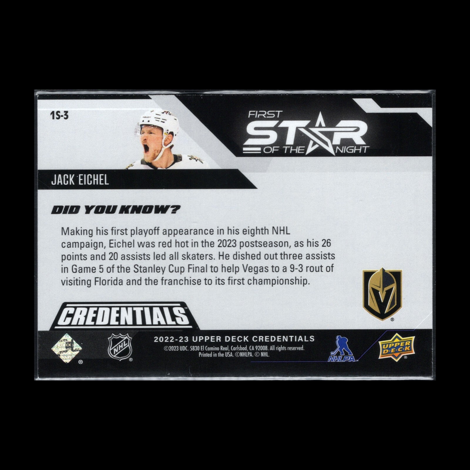 2022-23 UD Credentials JACK EICHEL #1S-3 First Star of the Night