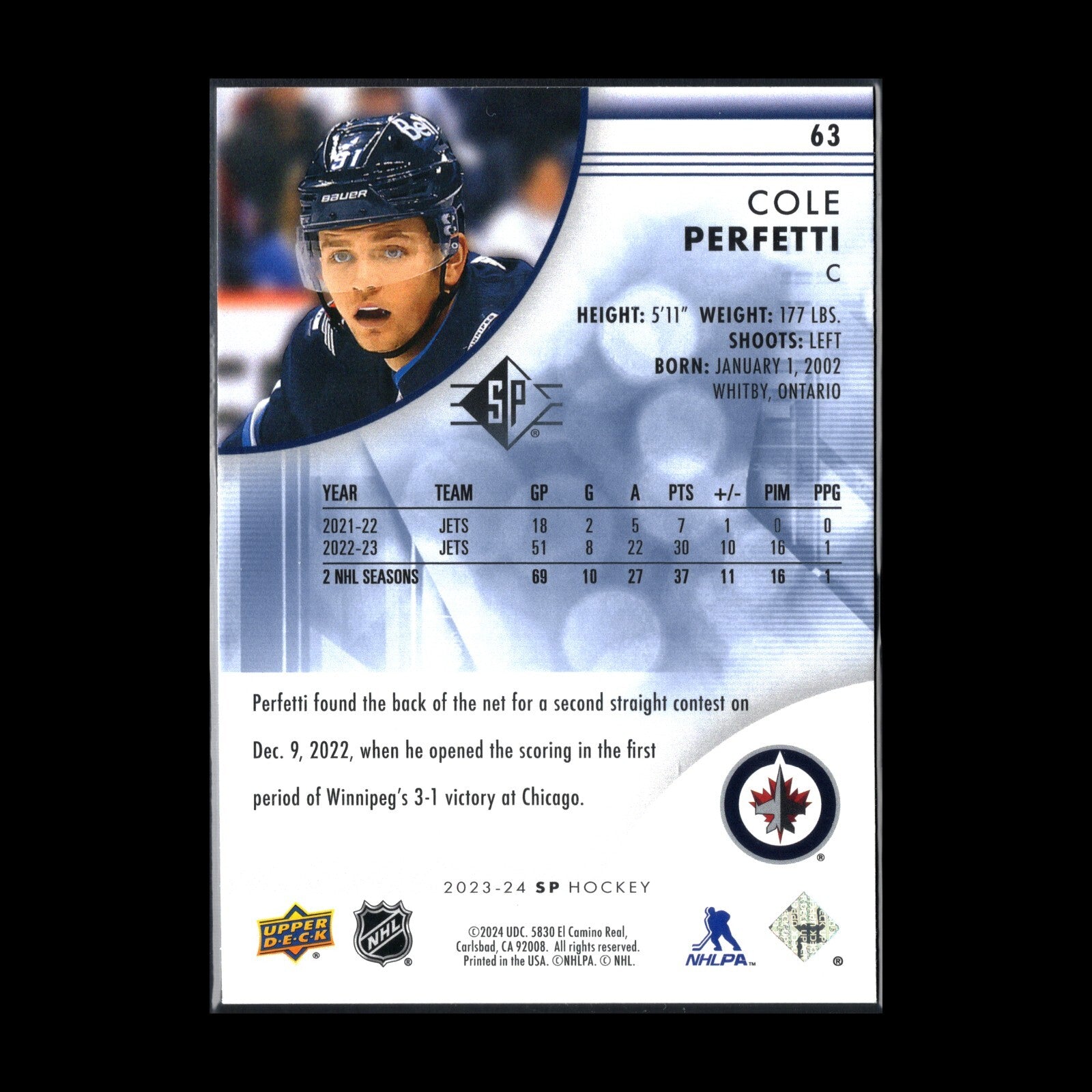 2023-24 UD SP Authentic COLE PERFETTI #63 Blue parallel - Winnipeg Jets