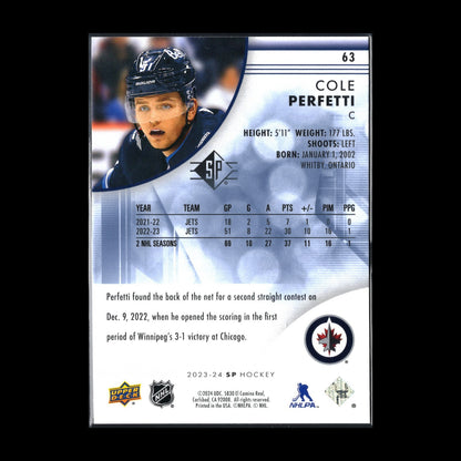 2023-24 UD SP Authentic COLE PERFETTI #63 Blue parallel - Winnipeg Jets