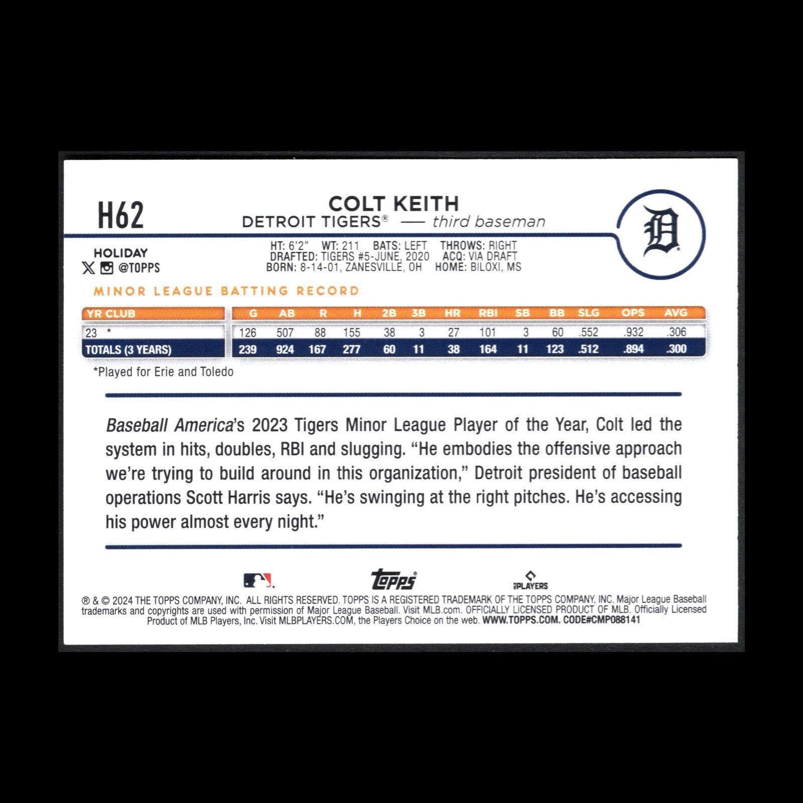 2024 Topps Holiday COLT KEITH #H62 RC - Detroit Tigers