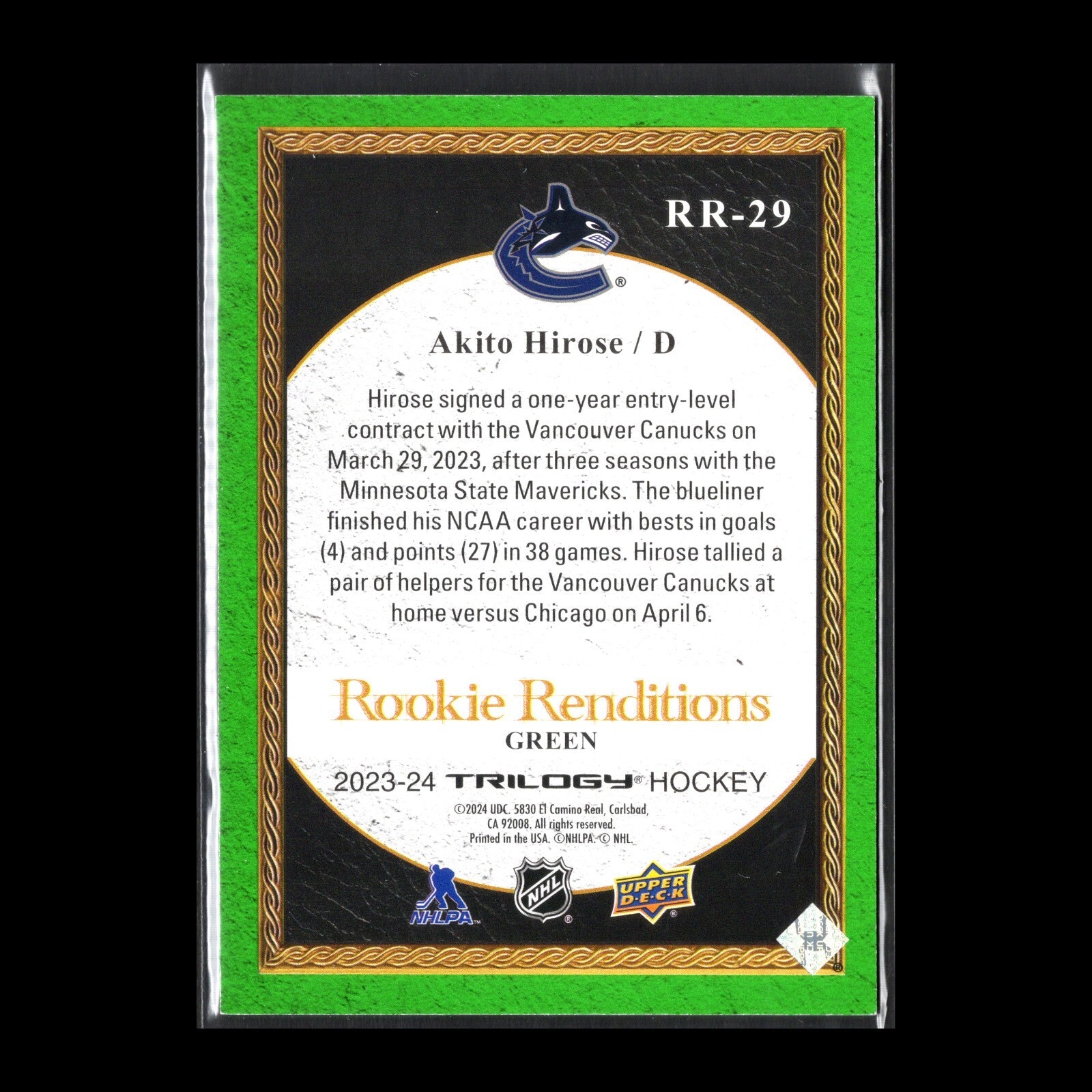 2023-24 UD Trilogy AKITO HIROSE #RR-29 Rookie Renditions Green /99