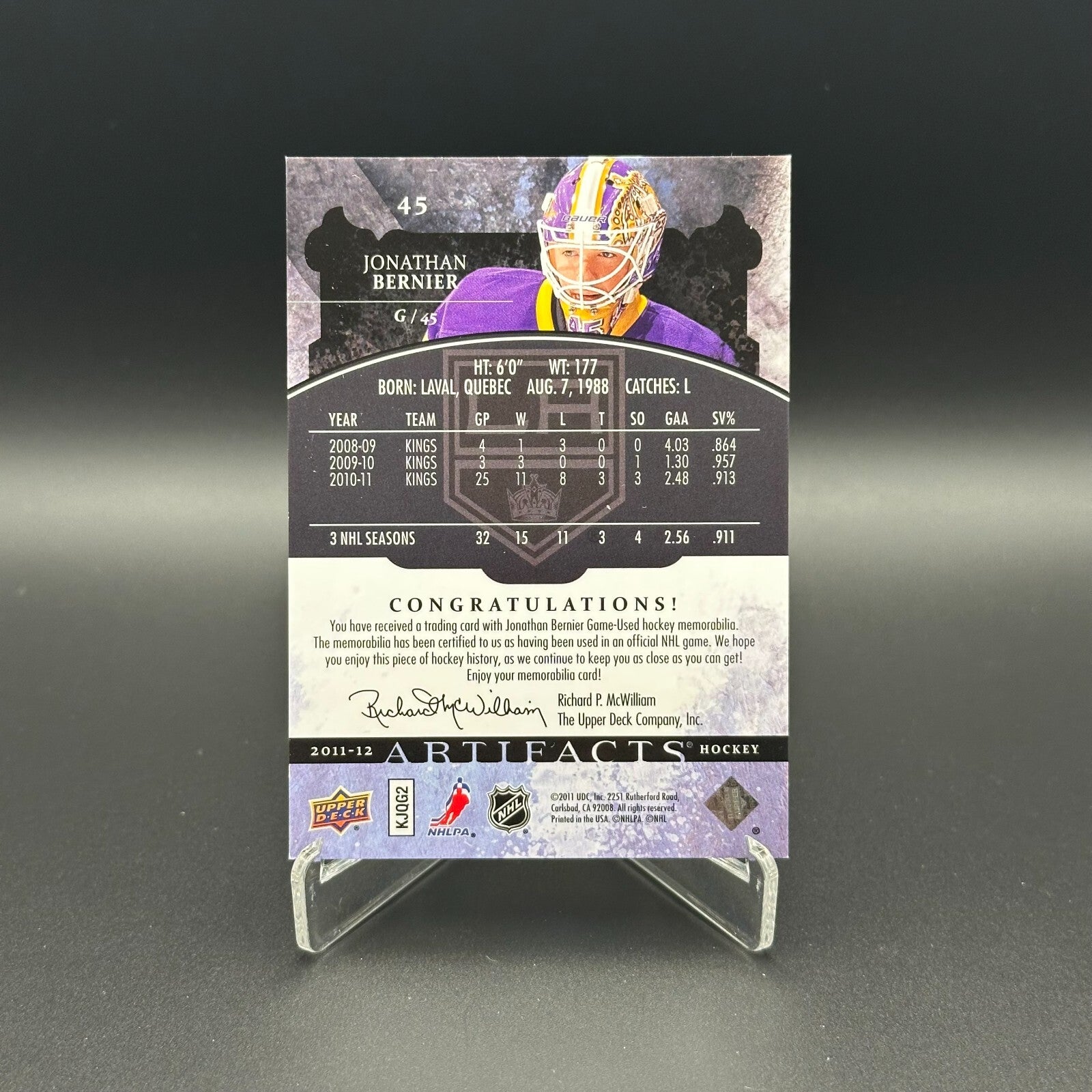 2011-12 UD Artifacts JONATHAN BERNIER #45 Horizontal Emerald Patch Jersey /35