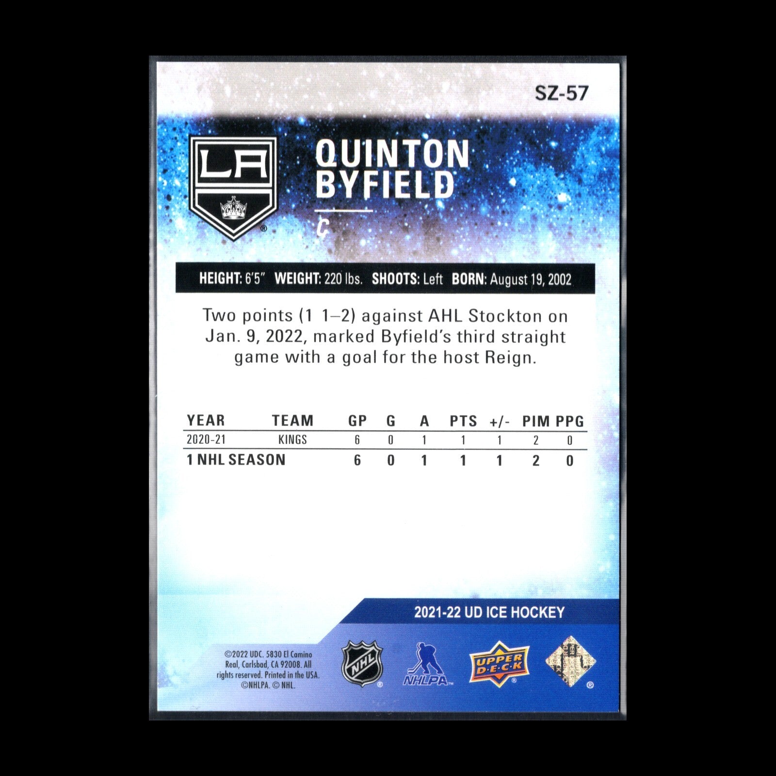 2021-22 UD Ice QUINTON BYFIELD #SZ-57 Sub-Zero Rookies RC 933/999 - LA Kings