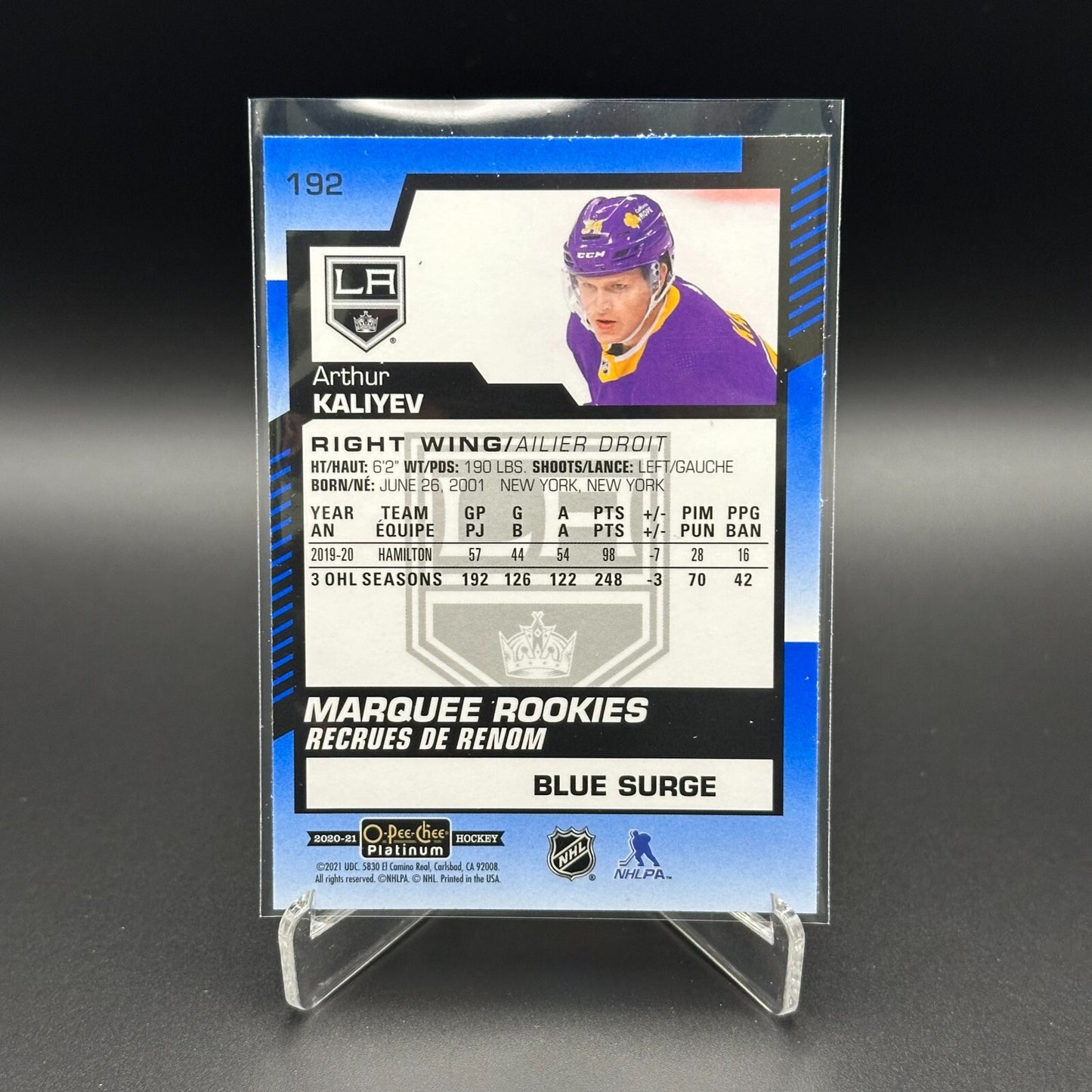 2020-21 O-Pee-Chee Platinum ARTHUR KALIYEV #192 Marquee rookie Blue Surge RC