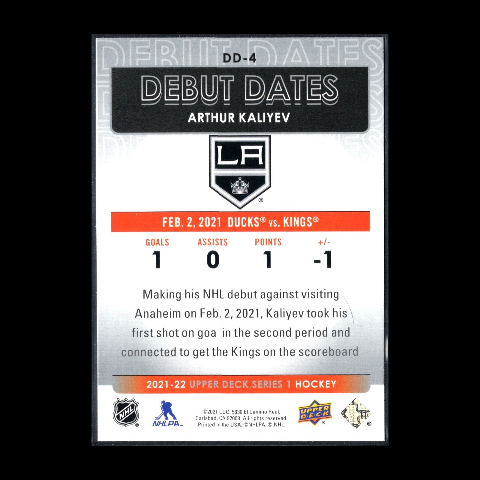 2021-22 UD Series 1 ARTHUR KALIYEV #DD-4 Debut Dates RC - Los Angeles Kings