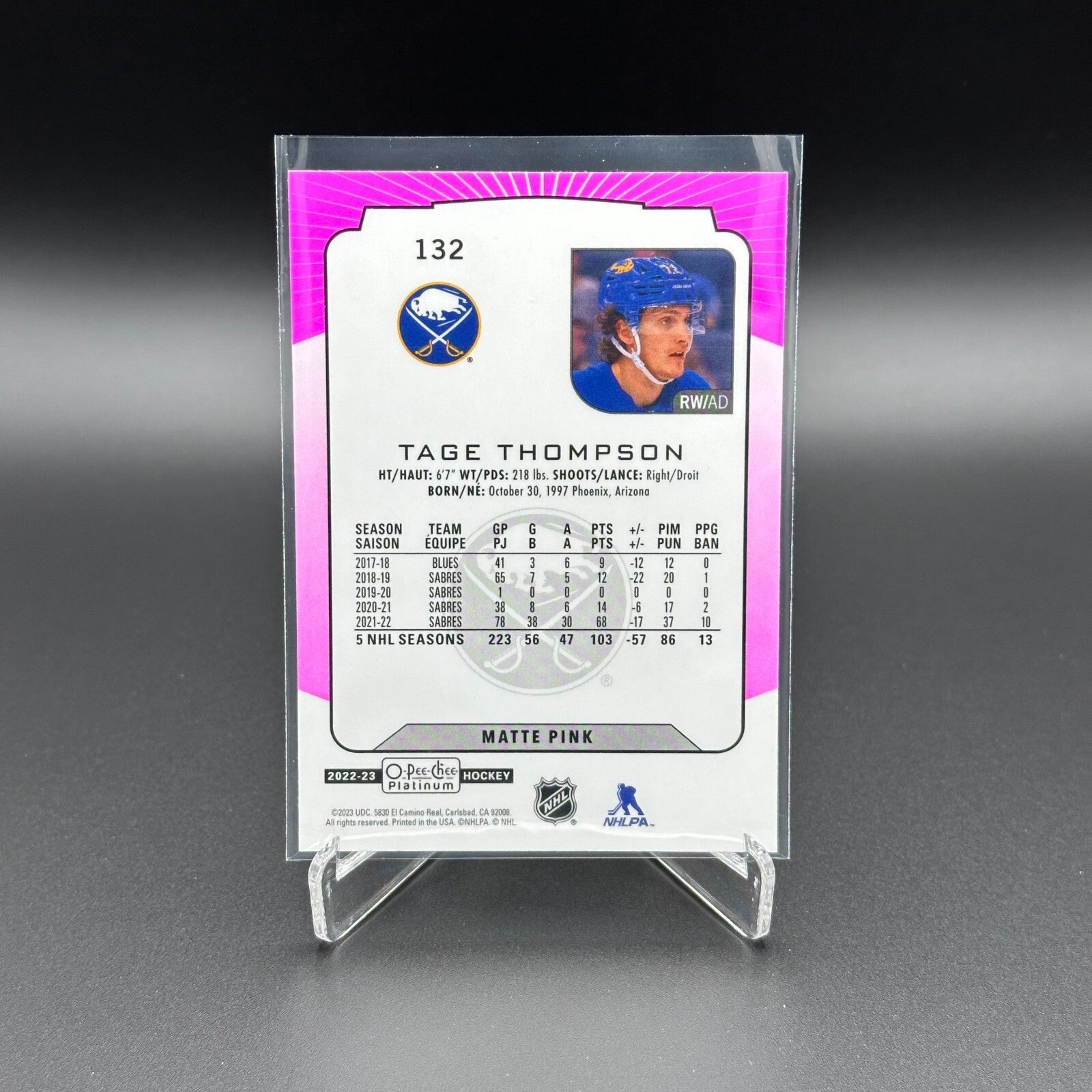 2022-23 O-Pee-Chee Platinum TAGE THOMPSON #132 Matte Pink - Buffalo Sabres