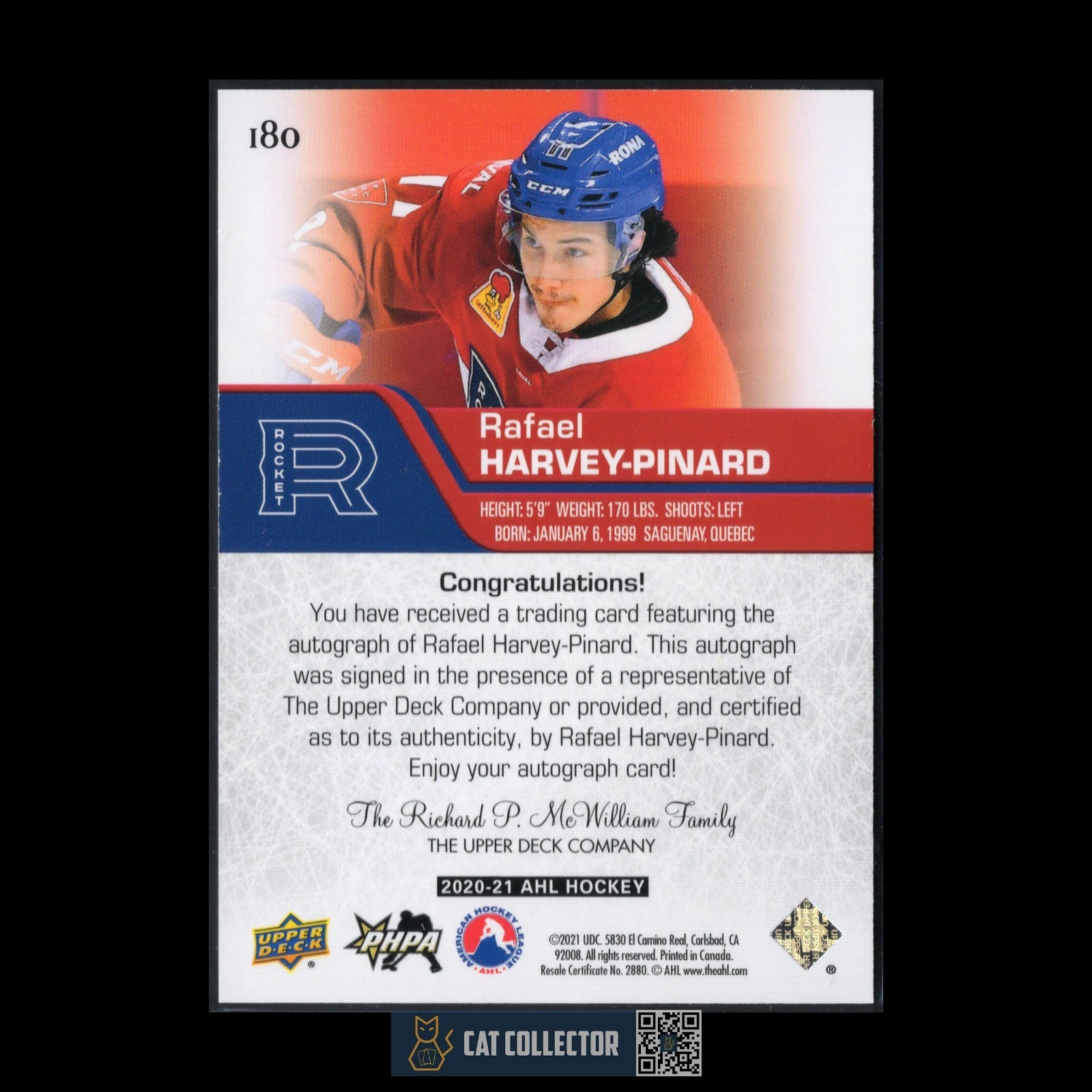 2020-21 UD AHL RAFAEL HARVEY-PINARD #180 Star Rookie RC AUTO Montreal Canadiens