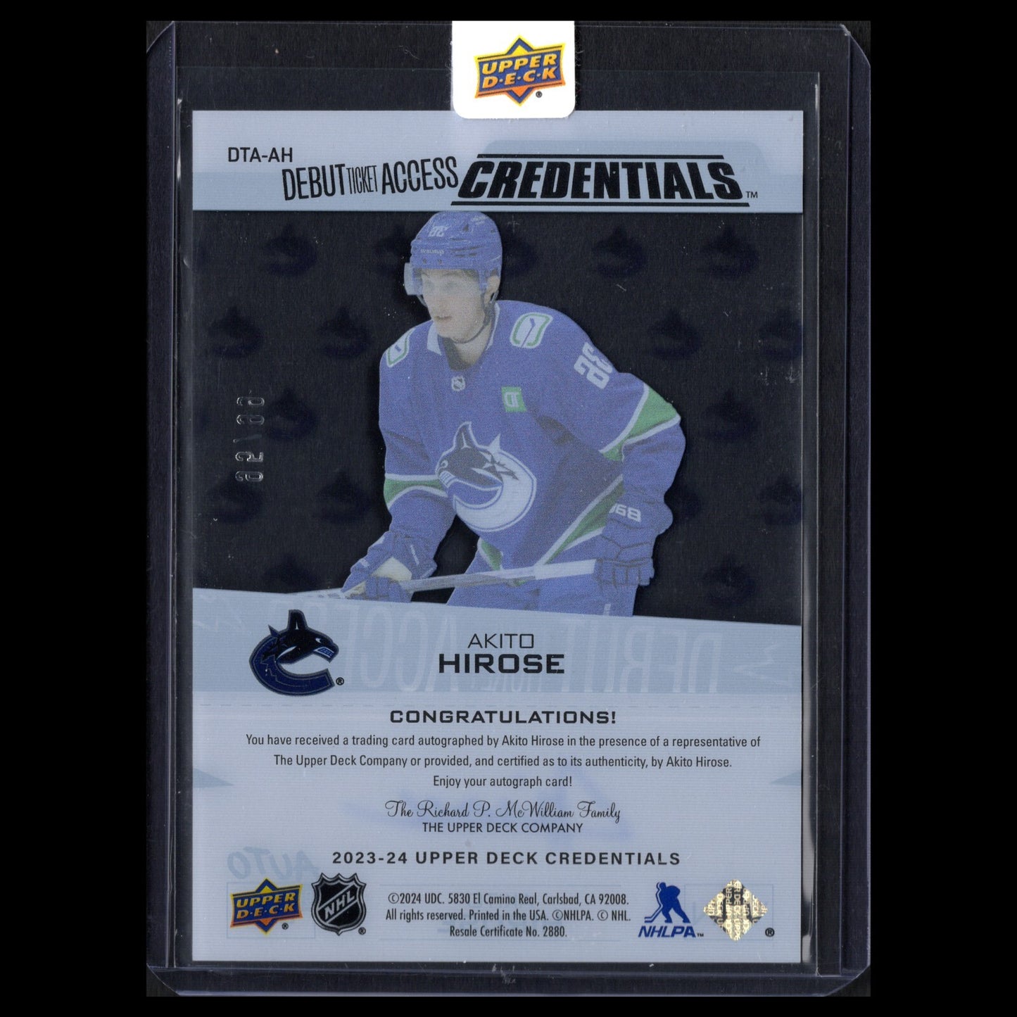 2023-24 UD Credentials AKITO HIROSE #DTA-AH Debut Ticket Access Acetate /99