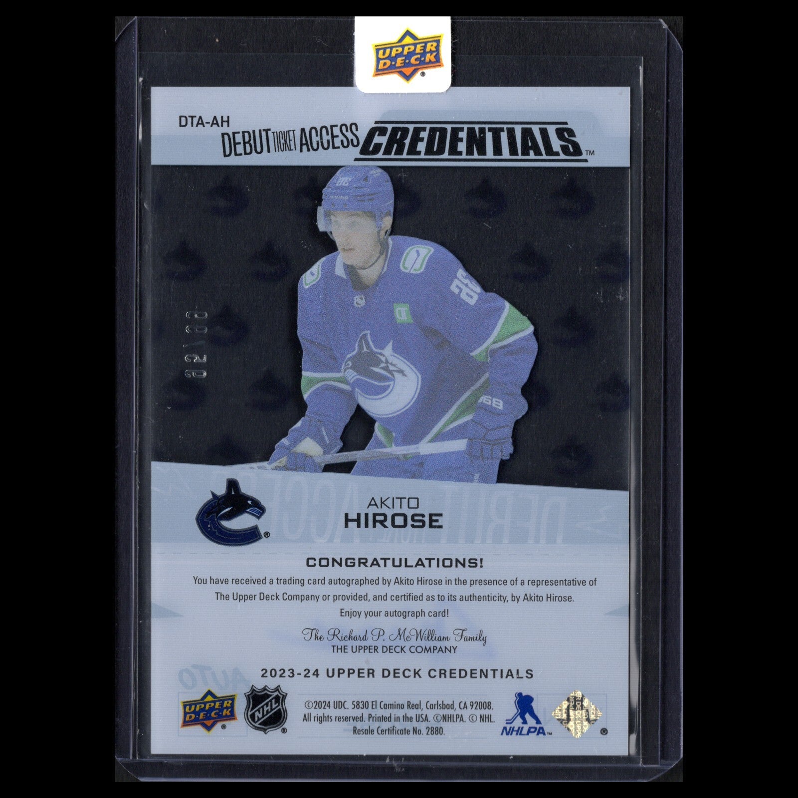 2023-24 UD Credentials AKITO HIROSE #DTA-AH Debut Ticket Access Acetate /99